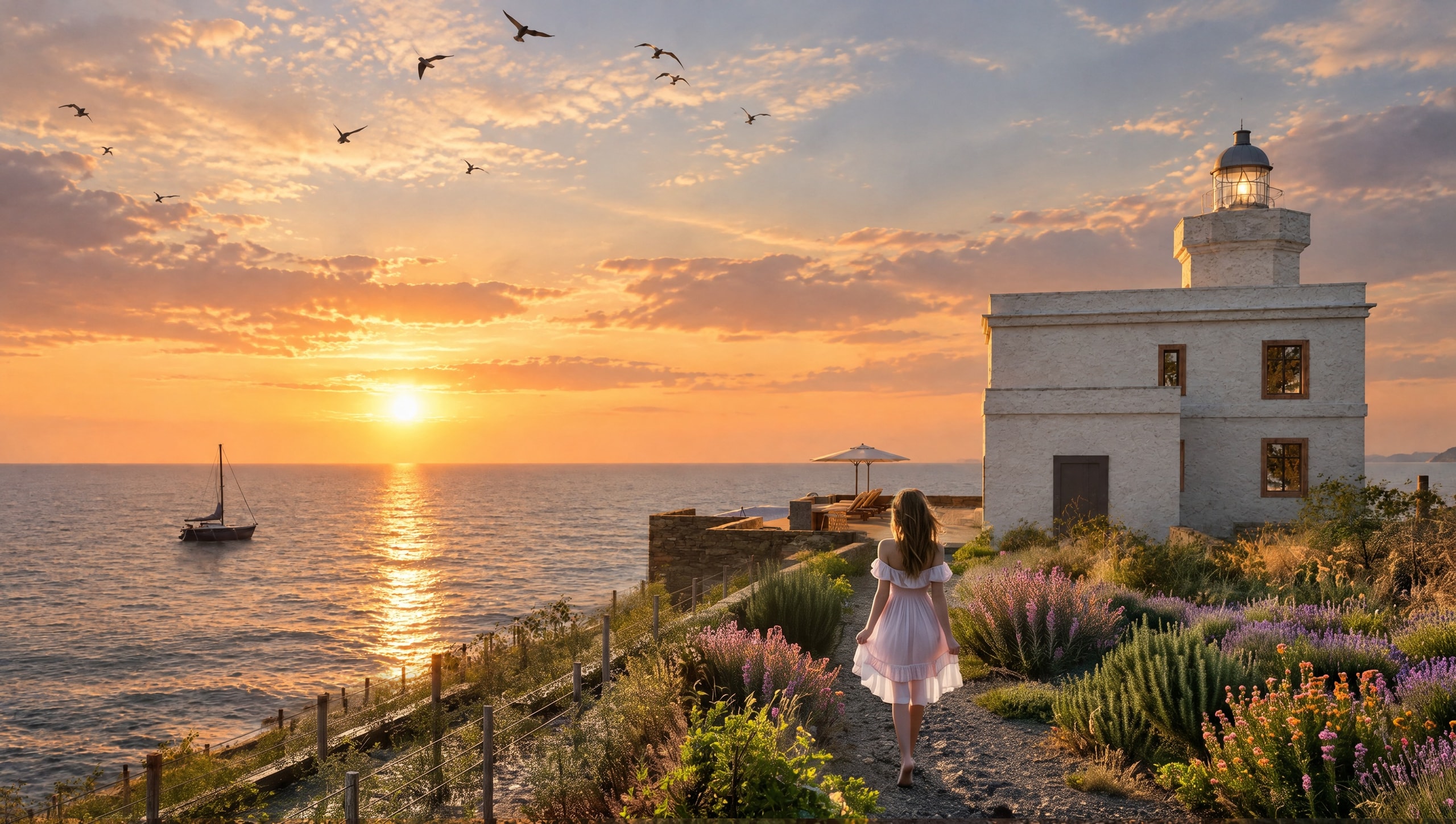 A white stone lighthouse hotel on a cliff at sunset, with a woman in a white dress walking along a gravel path through lavender and wild flowers, a terrace with a parasol and sun loungers, a sailing boat on the sea and gulls in the sky