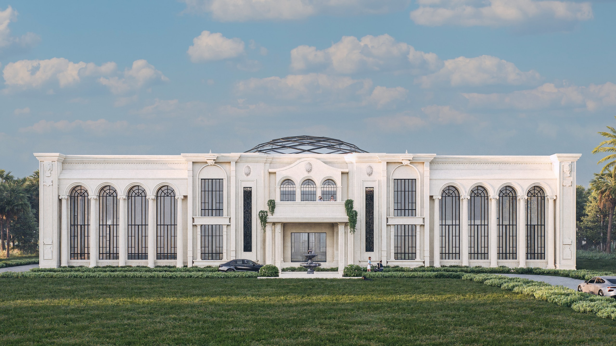 Front elevation of a symmetrical white neoclassical villa with tall arched windows between columns, a central balcony over the entrance and a faceted glass dome rising above the roof