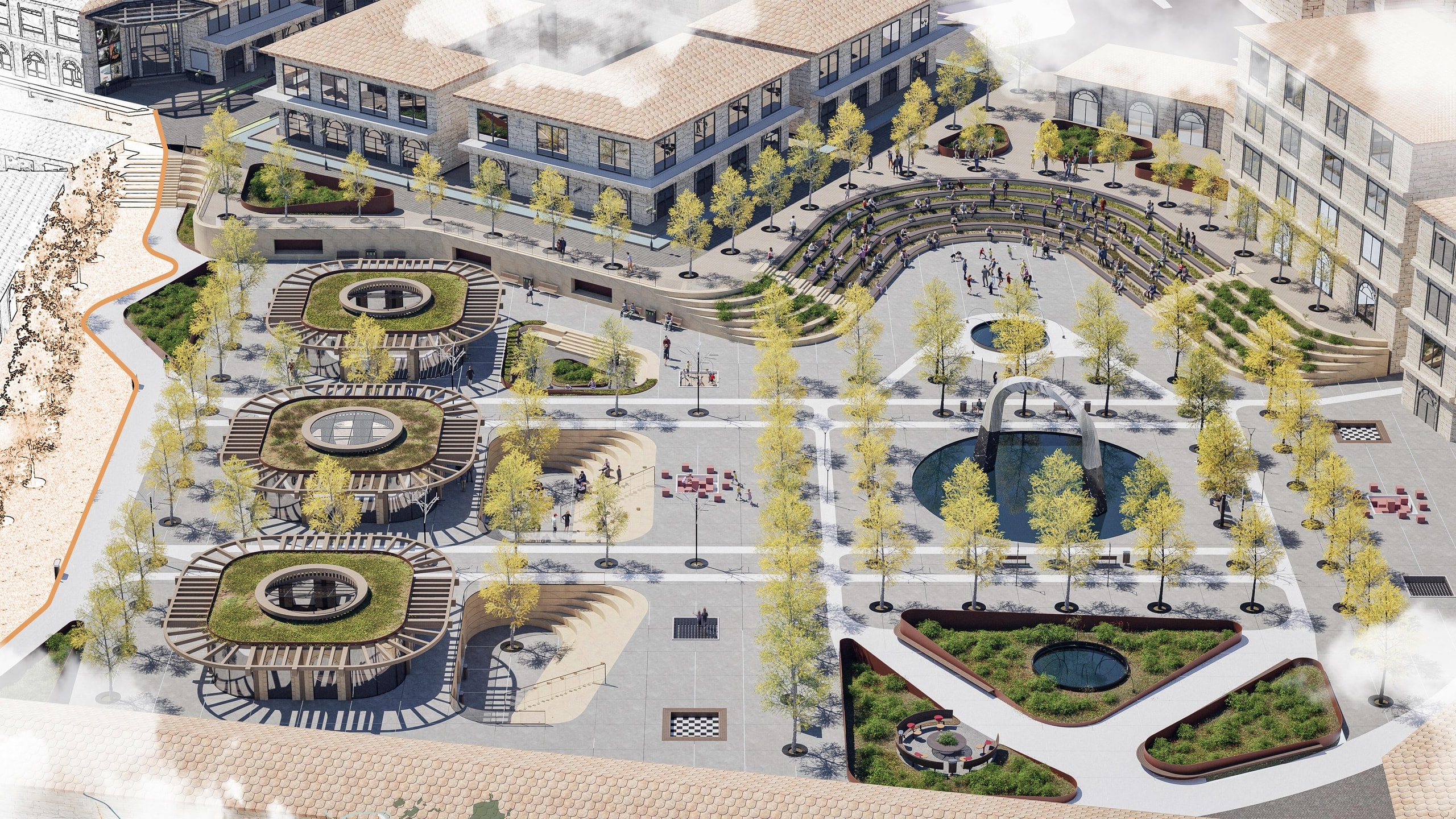 Aerial view of Ürgüp's renewed town centre, a paved square lined with yellow trees between stone buildings, with timber pergola pavilions with green roofs, stepped seating, a fountain under a steel arch and planted triangular gardens