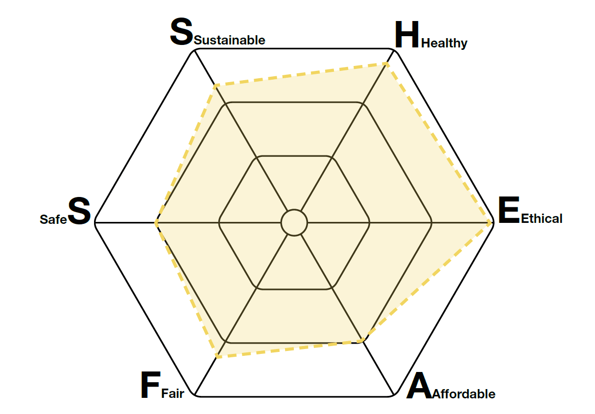 SHEAFS hexagon diagram rating the project on six axes, with full scores for ethical and healthy, high scores for sustainable, fair and safe, and a moderate score for affordable.