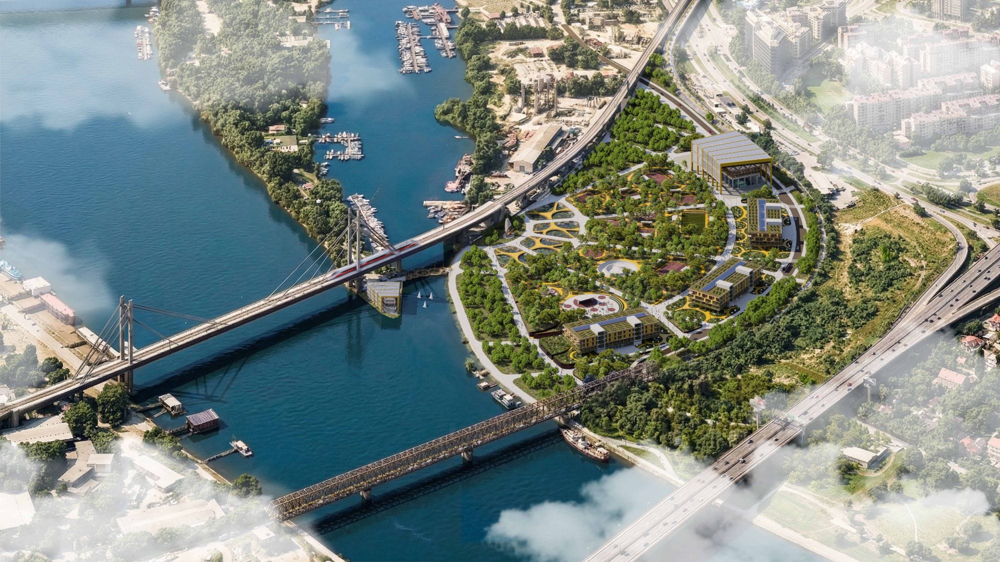 Aerial view of The Living Machine masterplan on the riverbank in Belgrade, with green roofed buildings set in a park between two bridges