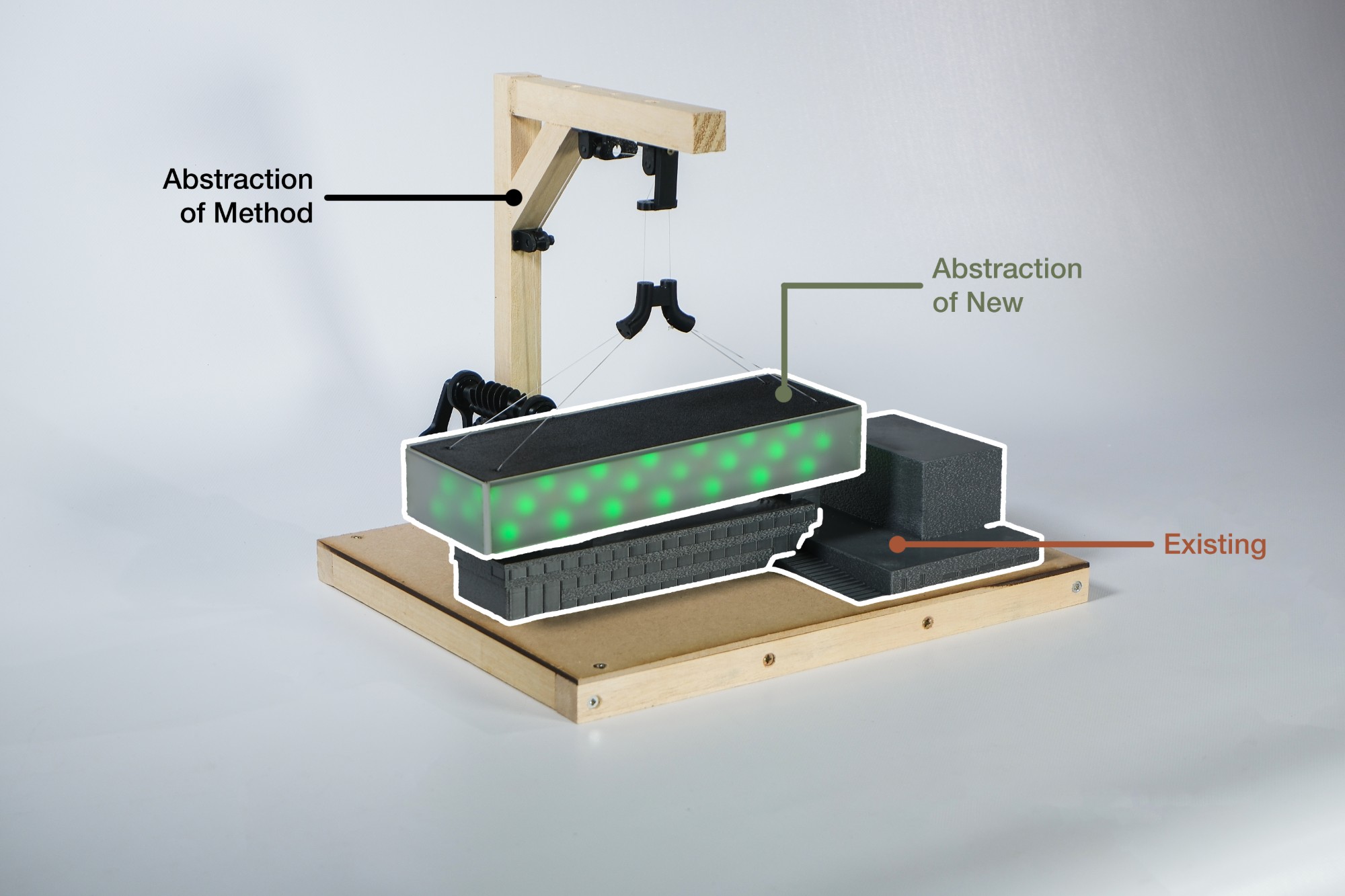 Physical concept model with a timber crane lifting a glowing green box above a grey model of the existing building, labelled abstraction of method, abstraction of new and existing.