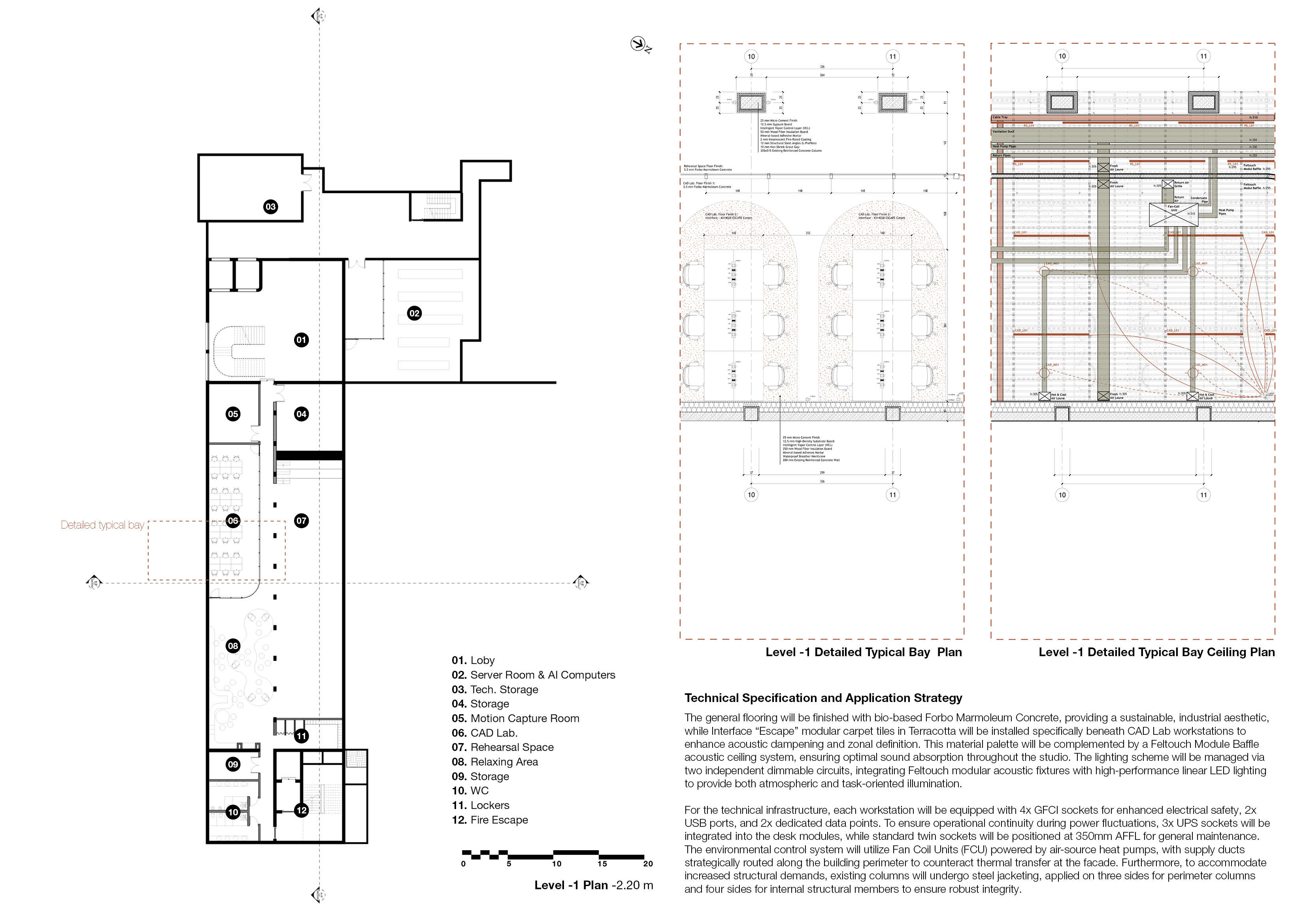 Level -1 plan with lobby, server room, motion capture room, CAD lab, rehearsal space and lockers, beside detailed typical bay floor and ceiling plans and a technical specification.