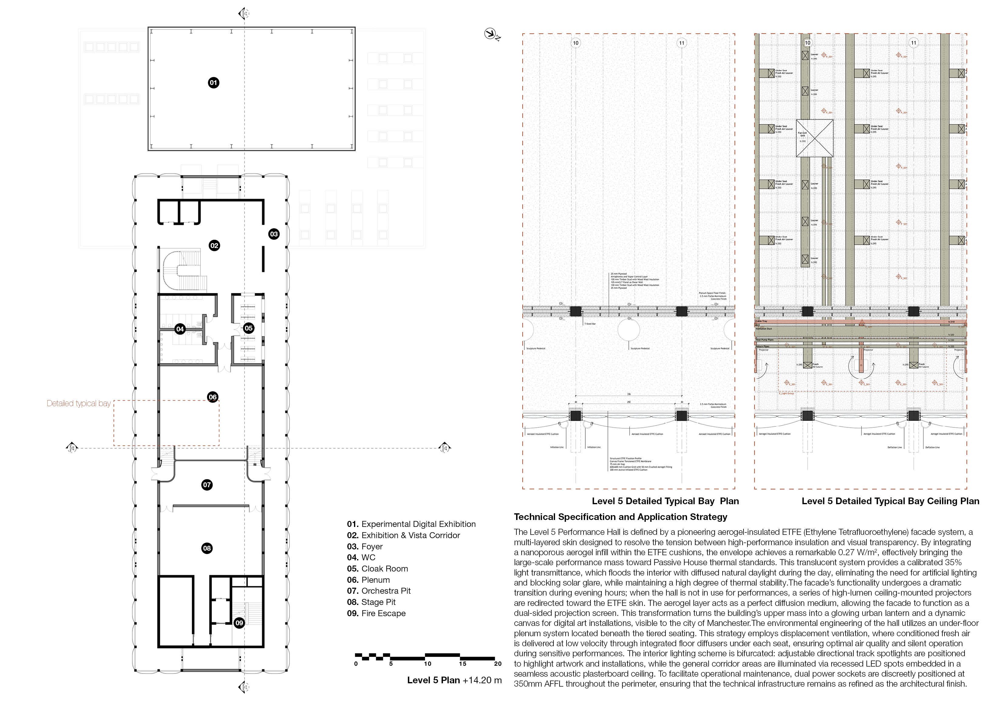 Level 5 plan with exhibition and vista corridor, foyer, plenum, orchestra pit and stage pit, beside detailed typical bay floor and ceiling plans showing the aerogel ETFE facade and a technical specification.