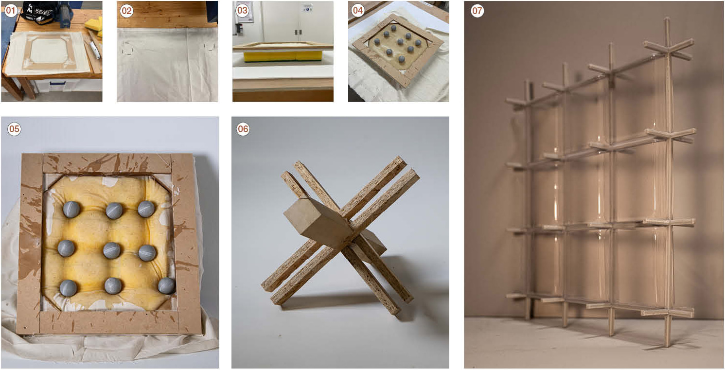 Workshop photographs of fabric pressed over spherical points inside timber frames to form cushioned surfaces, an interlocking timber joint, and a timber grid facade prototype holding translucent membrane panels.