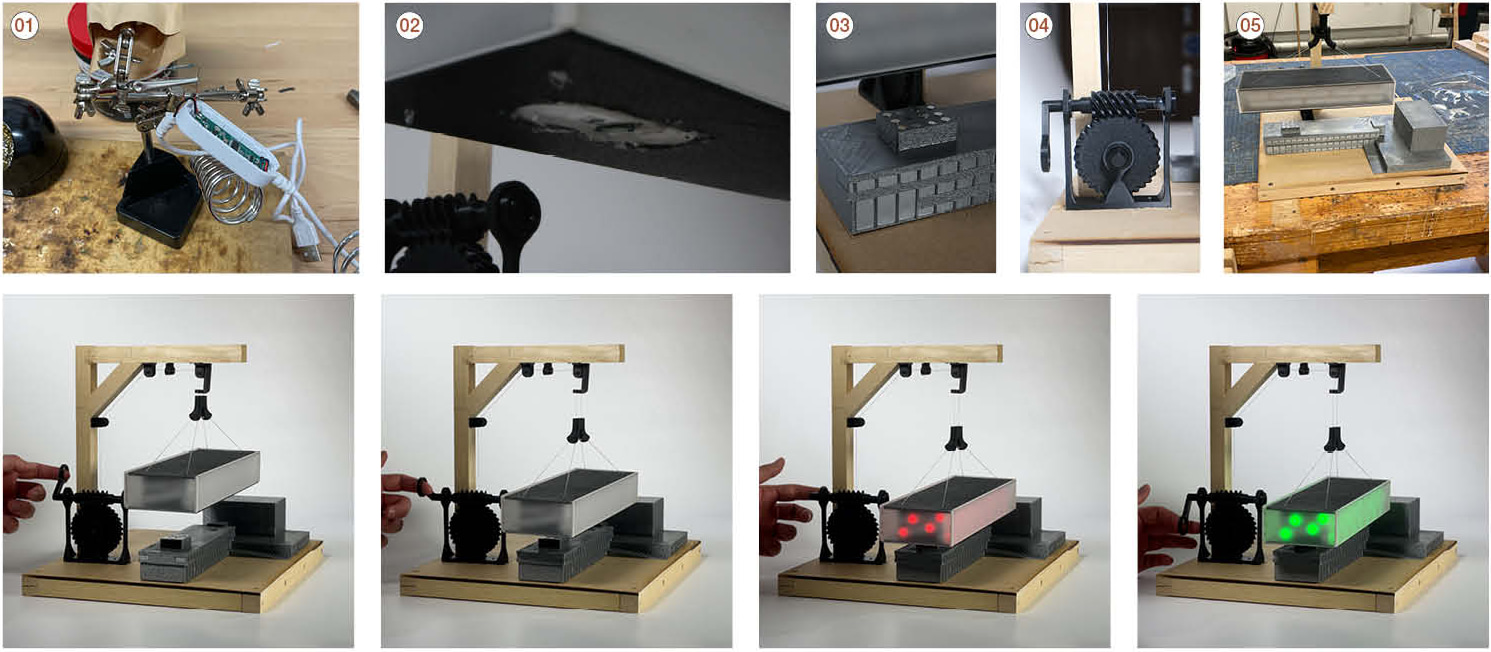Building the kinetic crane model — soldering the LED circuit, 3D-printed parts and the existing building model — then four stills of the upper mass being lowered and lighting up red and green.