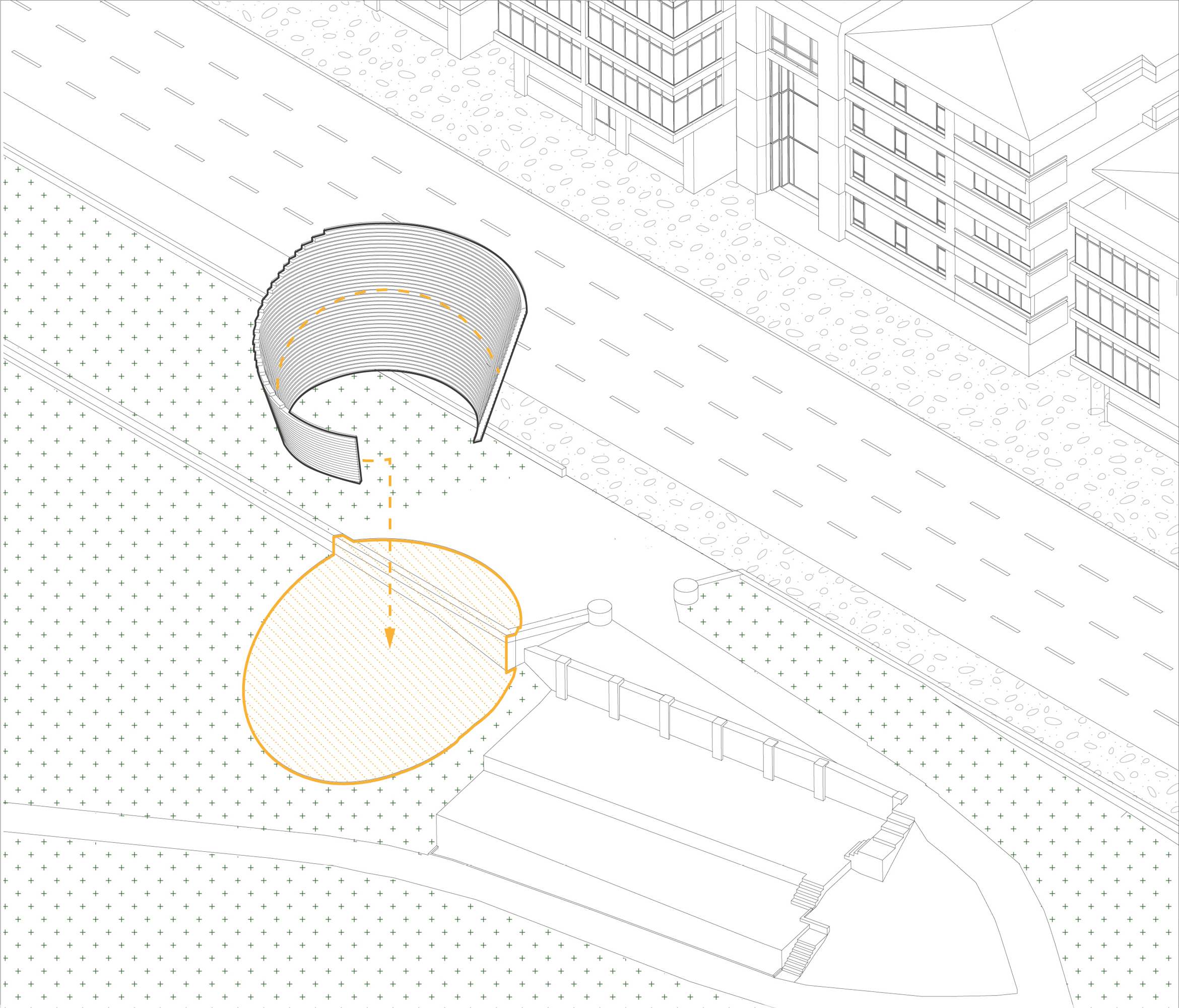 Axonometric diagram of the park slope beside the street, with a curved cone-shaped wall lowered into an orange circle cut into the ground.