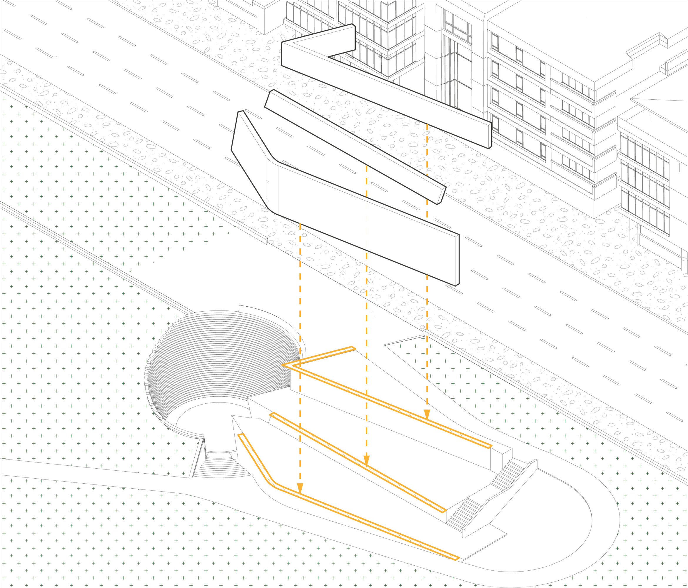 Axonometric diagram with three long angled slabs lowered onto the existing terraces beside the circular void, their new outlines drawn in orange.