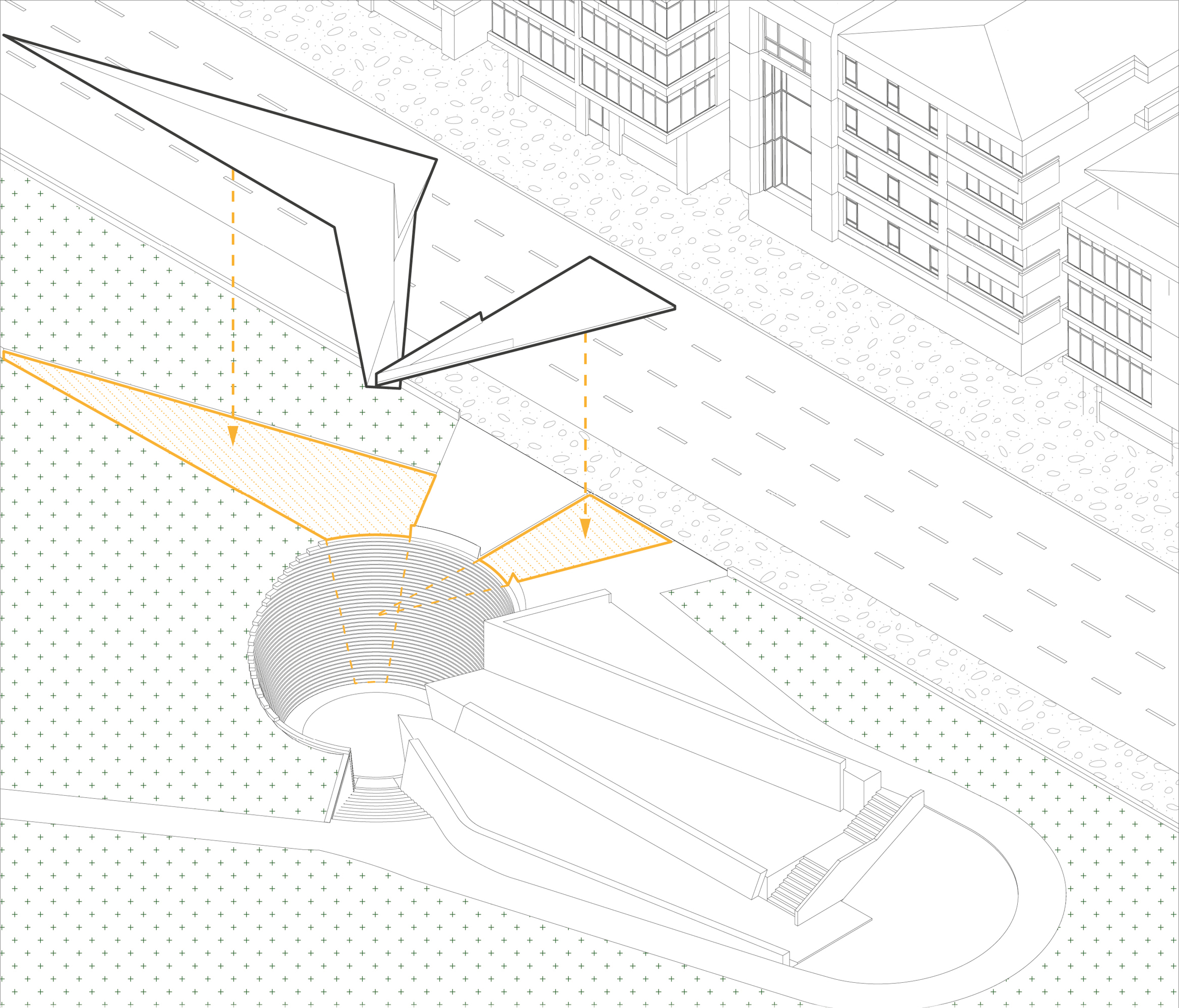 Axonometric diagram with a folded, pointed wall and a sharp-edged terrace lowered onto the upper level beside the street.