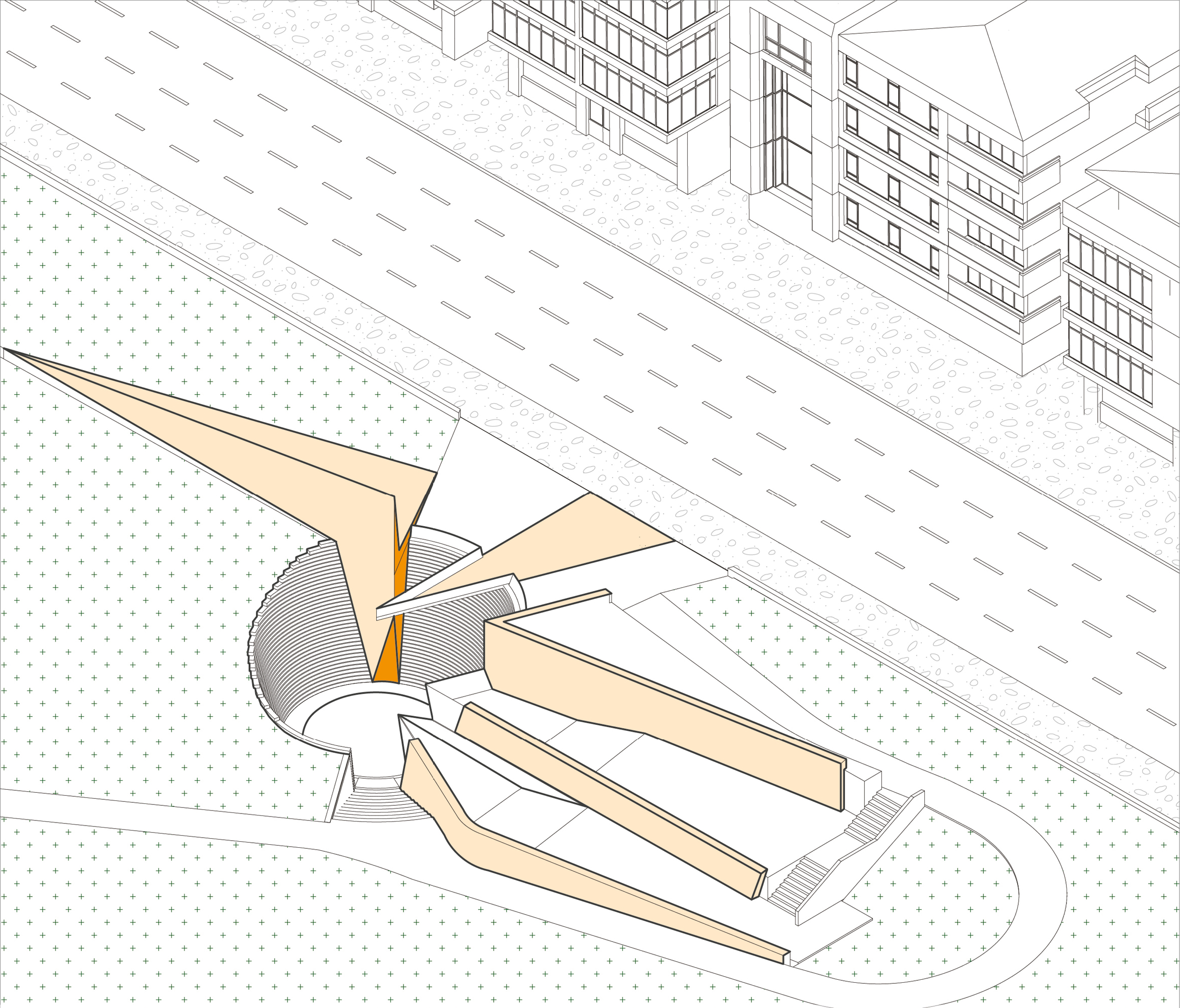 Axonometric diagram of the completed memorial, with the circular void, the reshaped terraces and the folded memorial wall shaded in orange.