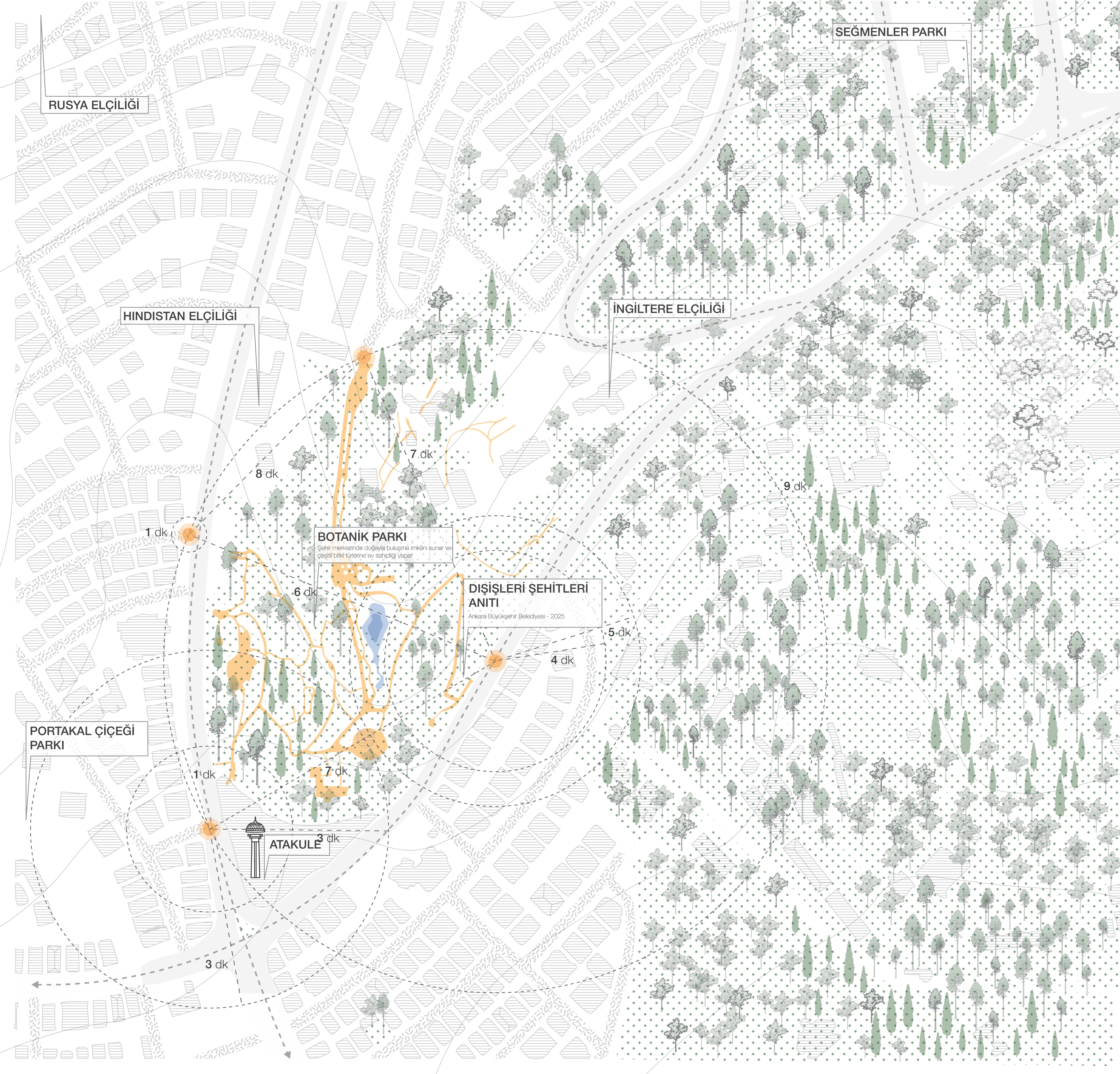 Context map of the Botanic Park in Çankaya with walking-time rings in minutes, orange park paths and the memorial site, surrounded by the Russian, Indian and British embassies, Seğmenler Park, Portakal Çiçeği Park and Atakule.