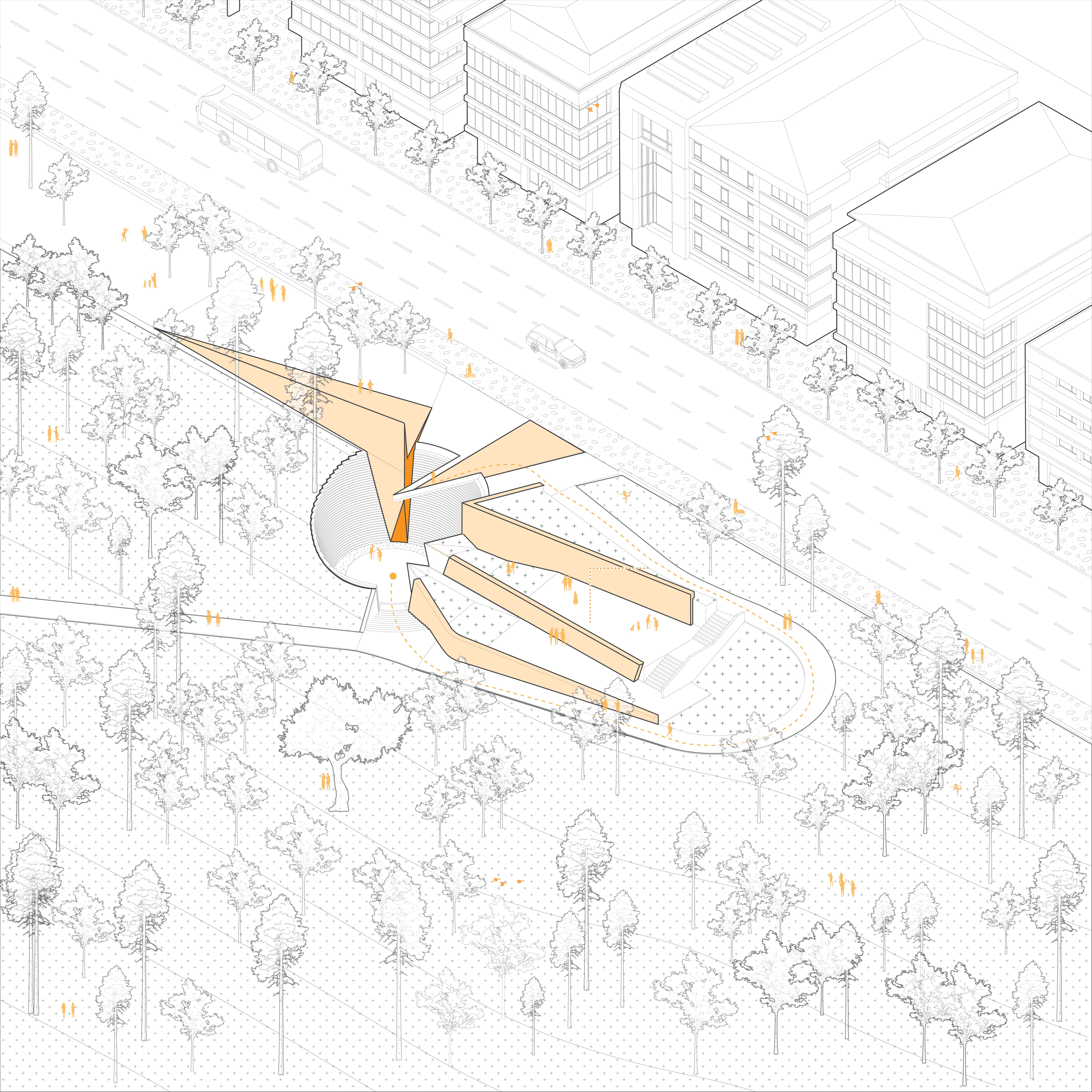 Line-drawn axonometric of the memorial between the park's trees and Çankaya Street, with the circular void, the reshaped terraces and the folded memorial wall shaded in orange, and small figures moving around.