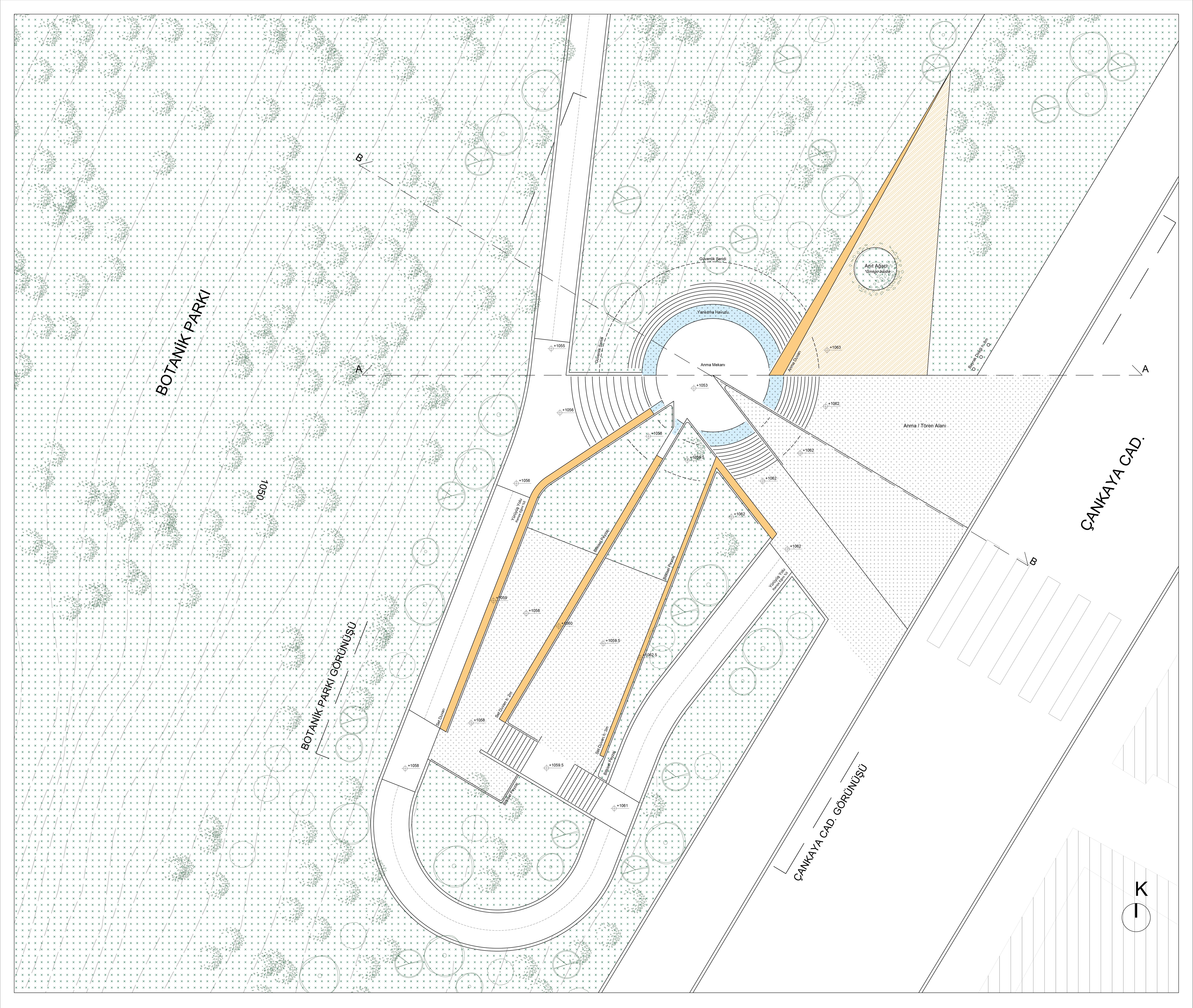 Site plan of the memorial, with the circular remembrance space ringed by a reflecting pool, three angled terrace walls, the triangular memorial wall with a memorial tree, the ceremonial area and the crossing to Çankaya Street.