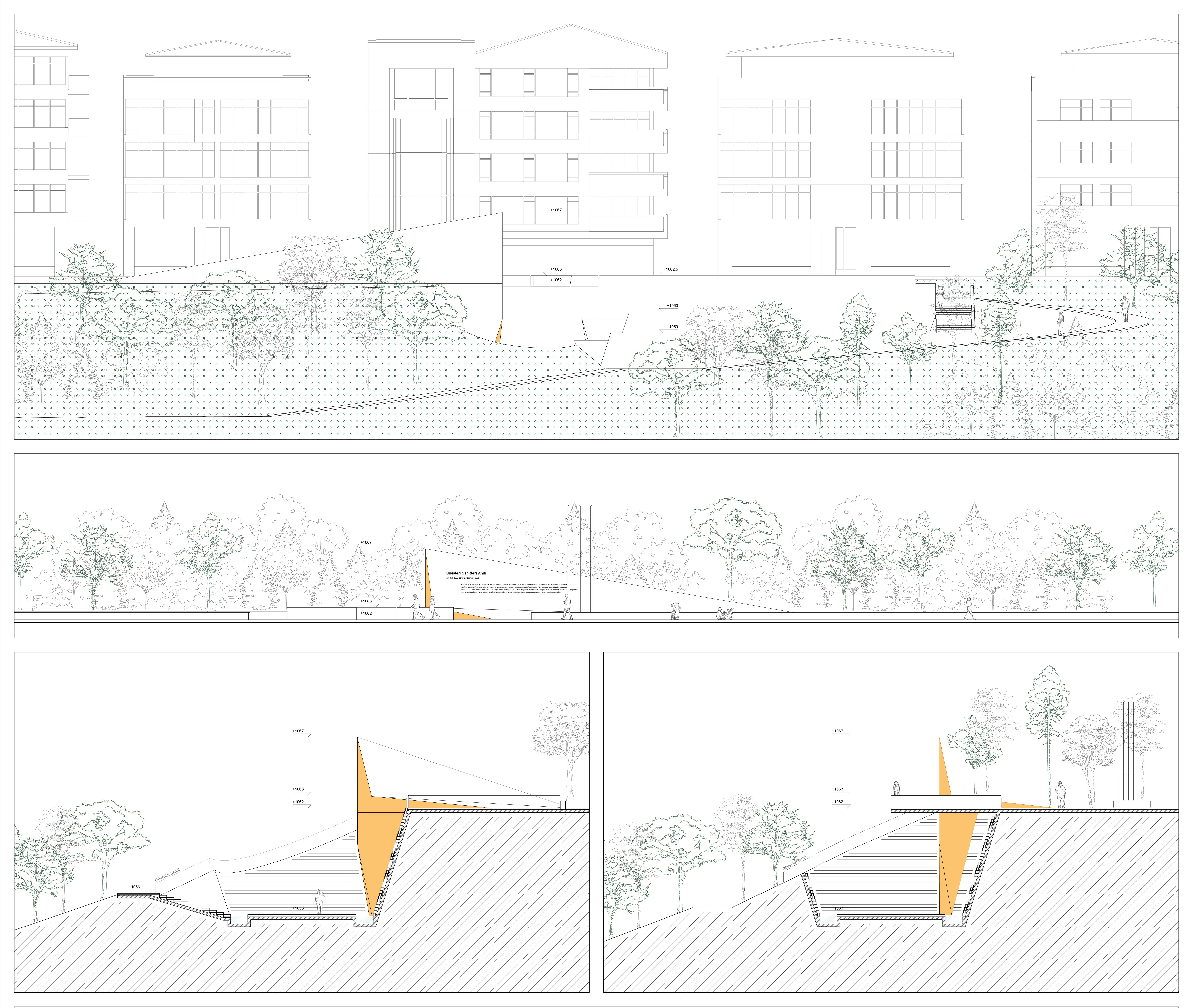 Sheet of elevations and sections, showing the memorial from the Botanic Park and from Çankaya Street, and two sections through the sunken void with its stepped granite walls and the angled memorial wall.