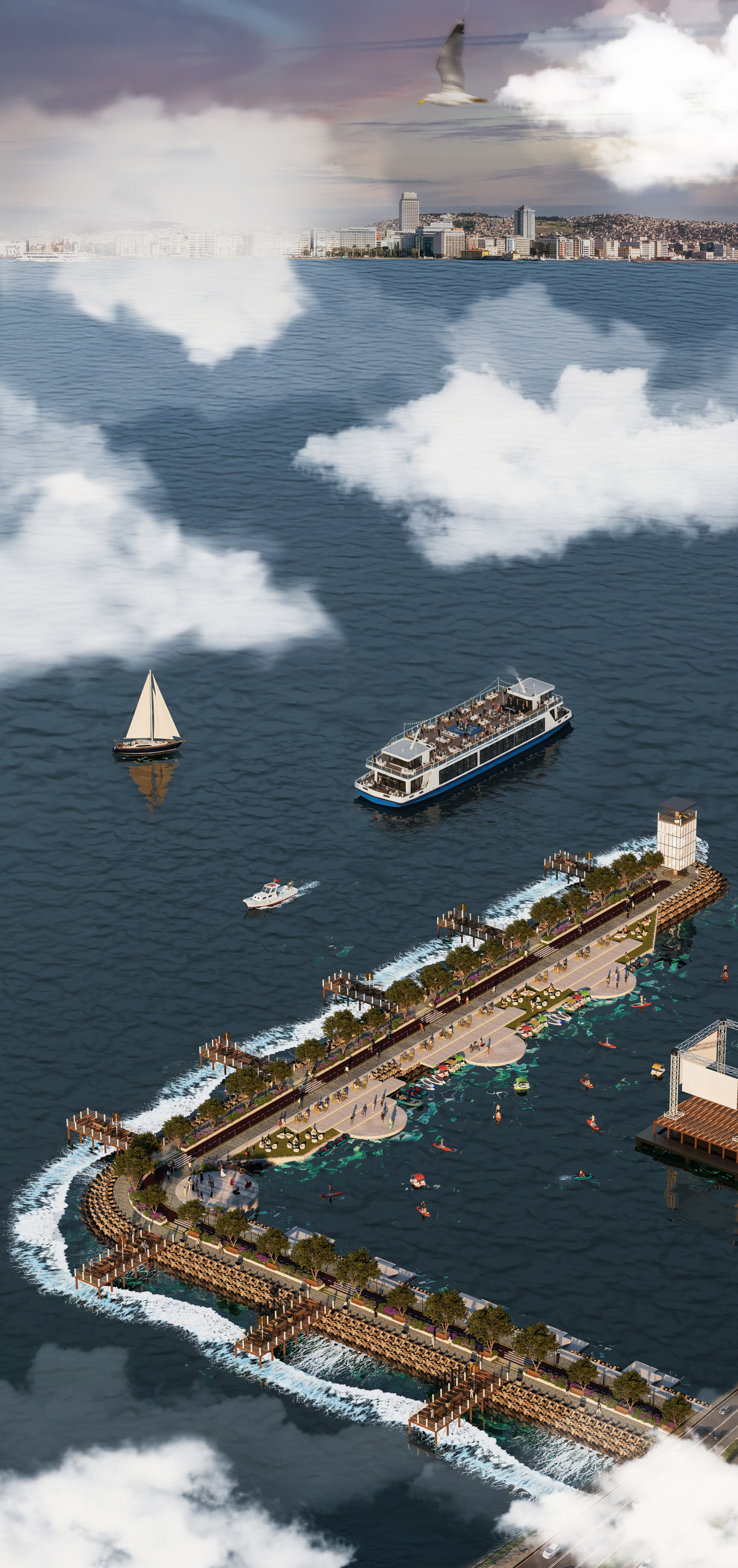 Daytime aerial view looking across İzmir Bay towards the city, with the breakwater and its piers in the foreground, kayaks in the inner basin, a ferry and a sailing boat on the water and clouds drifting below.
