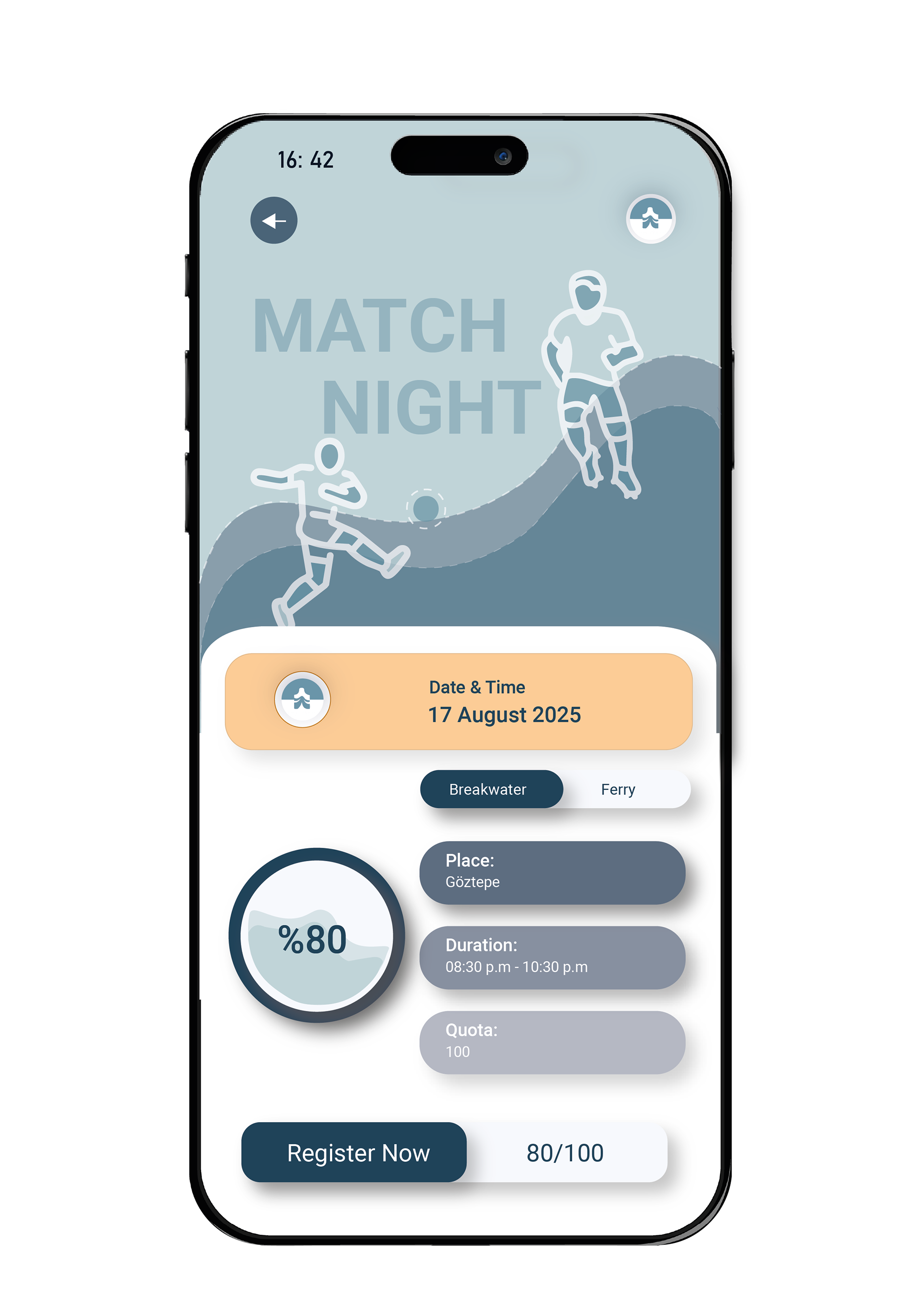 Phone screen of the Körfez app showing the Match Night event on 17 August 2025 at Göztepe, with its duration, a quota of 100, 80 percent full, and a Register Now button.