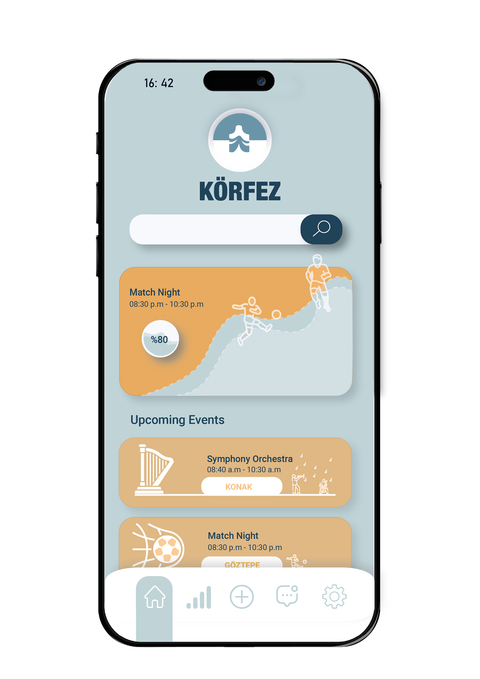 Home screen of the Körfez app with the logo, a search bar, a featured Match Night card and a list of upcoming events such as a symphony orchestra in Konak.