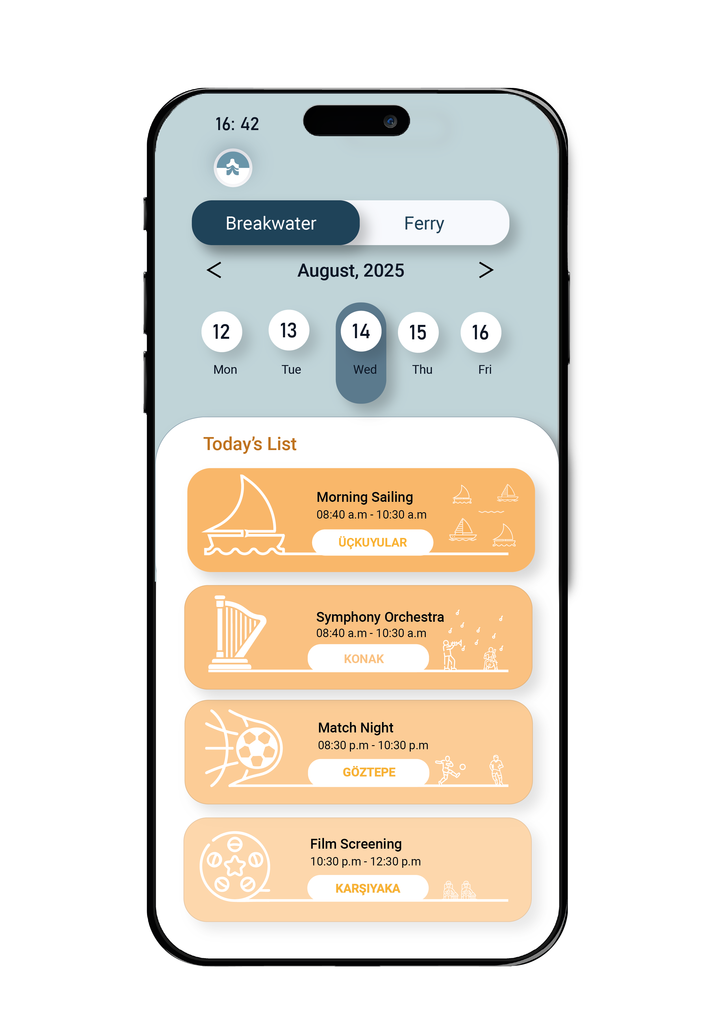 Calendar screen of the Körfez app for August 2025, switching between breakwater and ferry events, listing morning sailing, a symphony orchestra, match night and a film screening at different districts.