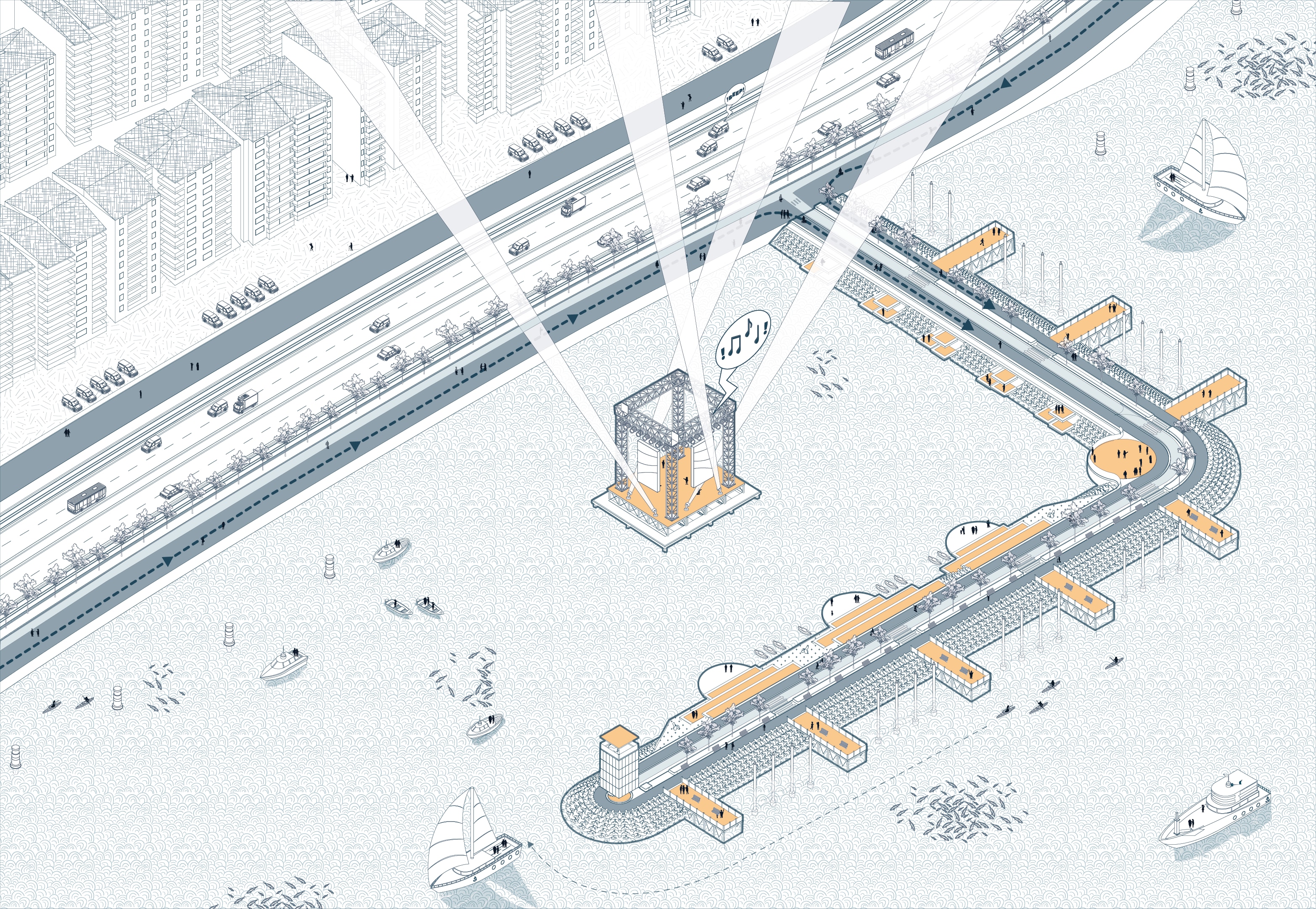 Line-drawn isometric of the breakwater in İzmir Bay, with its walkway, piers, mussel-line poles, beacon tower and a floating stage casting light beams, beside the coastal highway and apartment blocks.