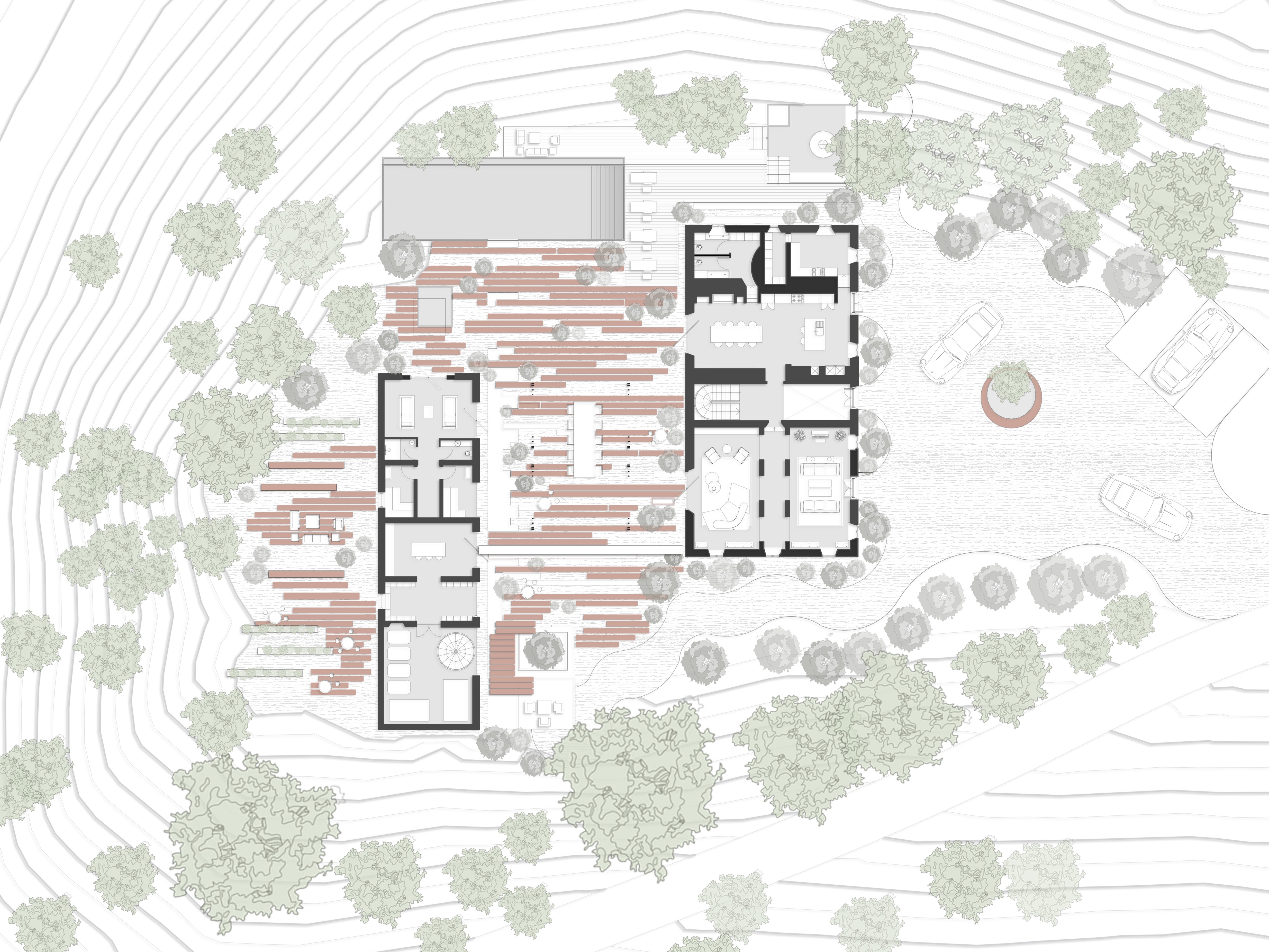 Site plan of the estate on the contoured hillside, with the manor house and the rustico around a courtyard of terracotta strips, the infinity pool and deck above, olive trees around and a parking court with a round planter.