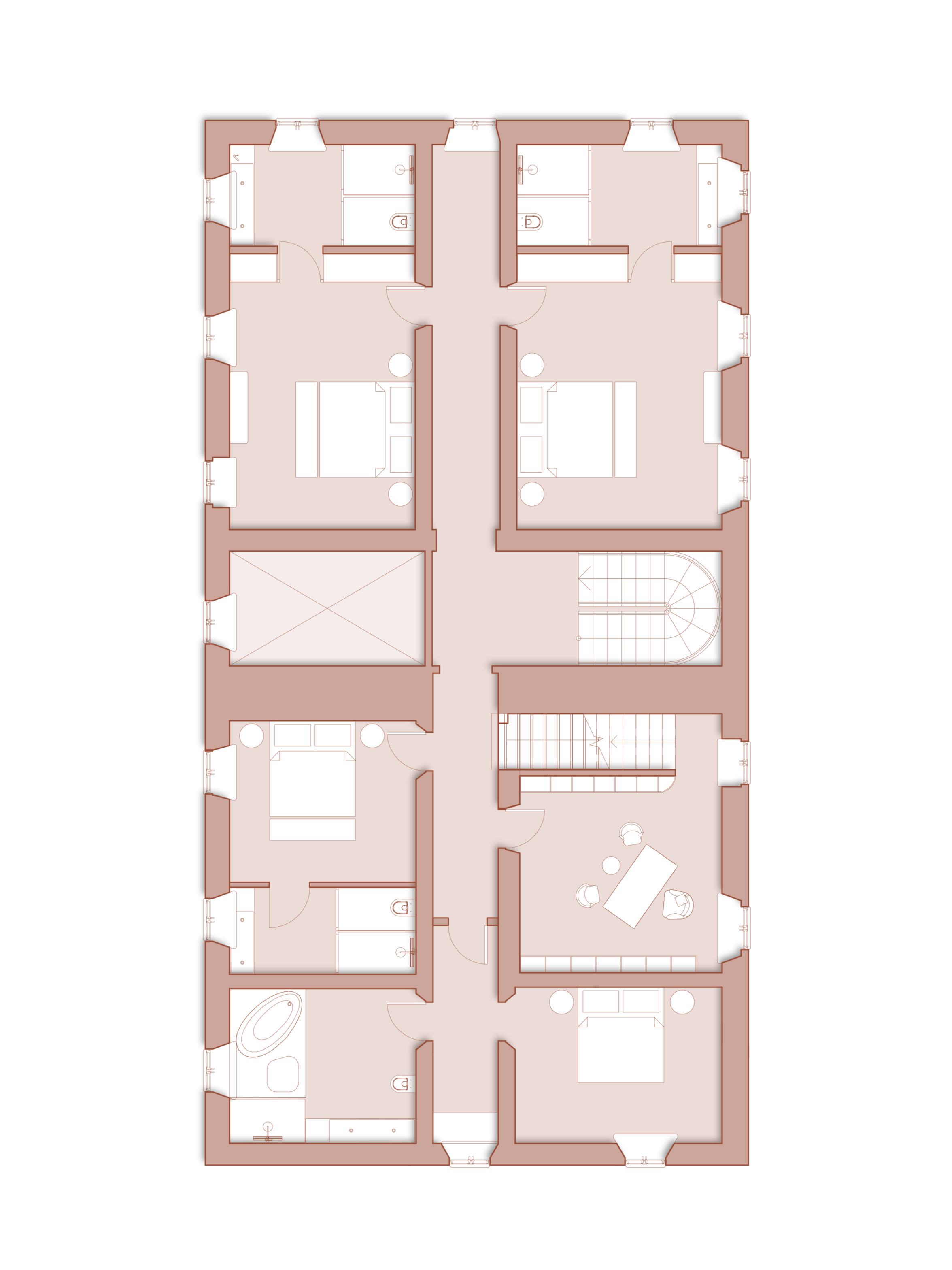 First floor plan of the manor house in terracotta tones, with master bedrooms and bathrooms off a central corridor, the stair hall and a sitting room.