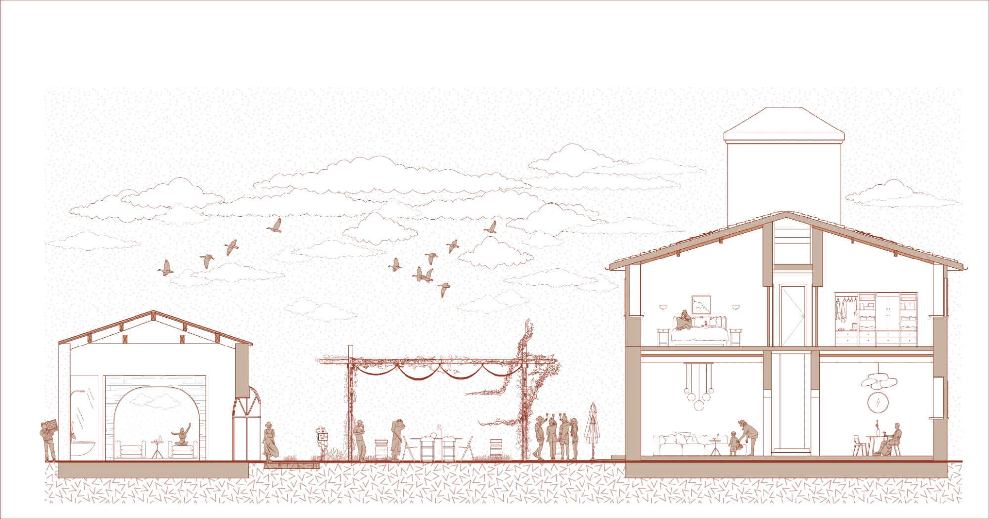 Line section through the rustico with its spa, the vine-covered pergola with guests at a long table, and the two-storey manor house with bedrooms above living and dining rooms.
