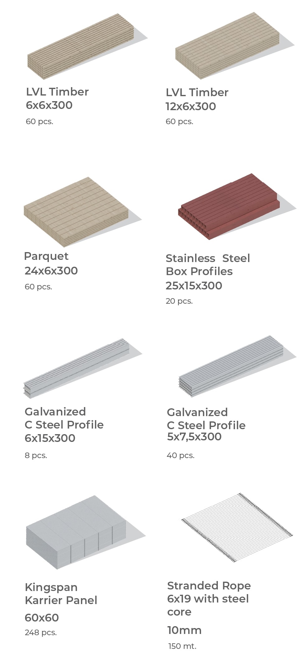 Bill of materials with LVL timber, parquet, stainless steel box profiles, galvanised C profiles, Kingspan Karrier panels and steel-cored stranded rope, with sizes and quantities.