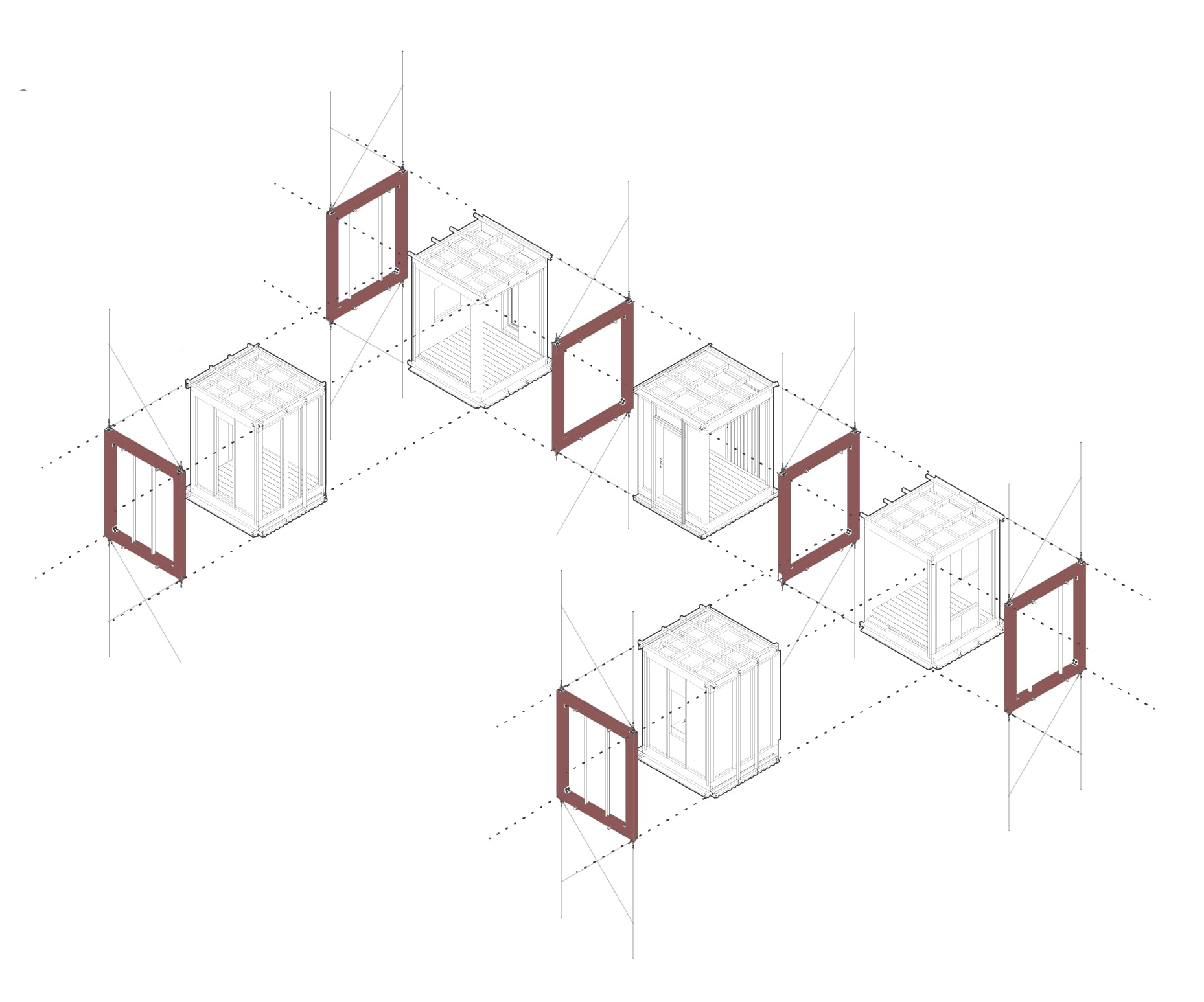Axonometric of the room modules strung along the cables, linked by red timber frames that form the connections between them.