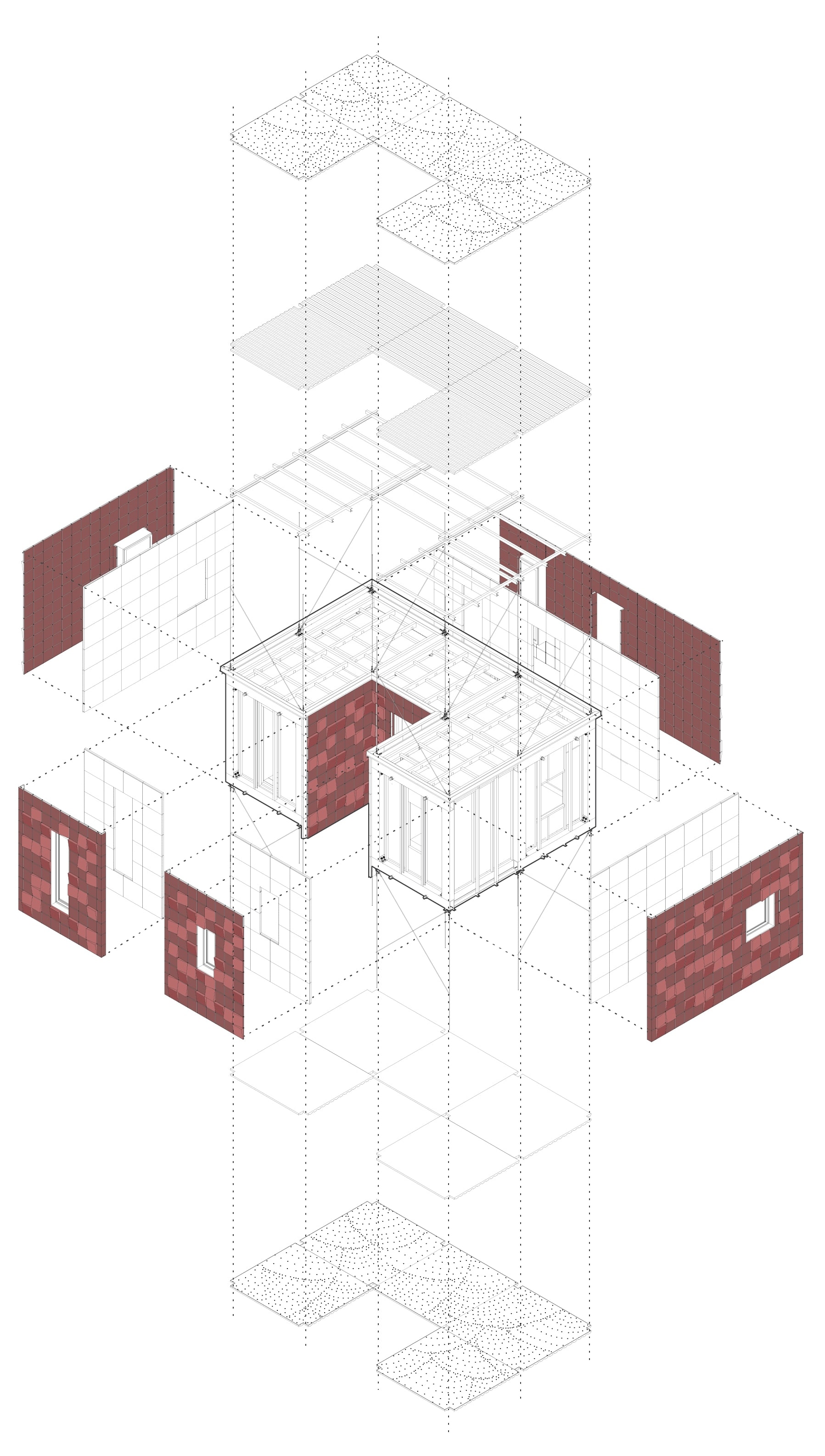 Exploded axonometric of a two-module home, from the floor and roof decks to the frame and the red façade panels with windows.