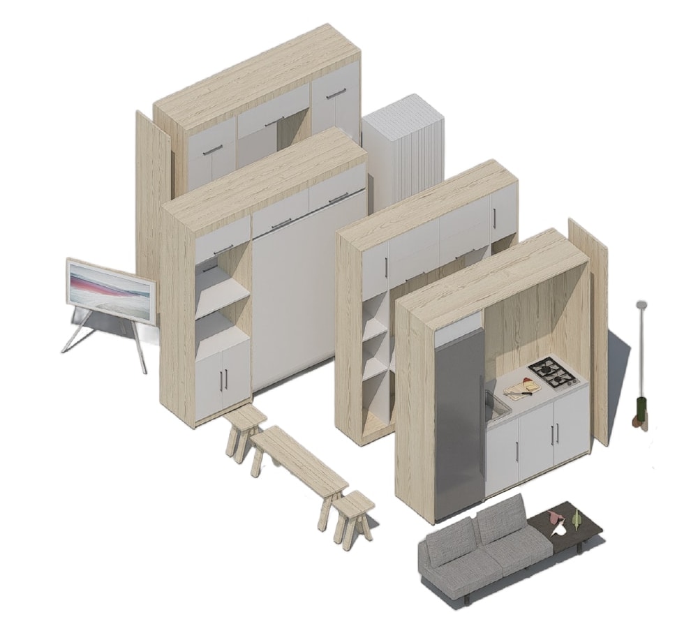 Axonometric of the fitted timber furniture, with wardrobes, shelving, a kitchen unit, a bench and a sofa.