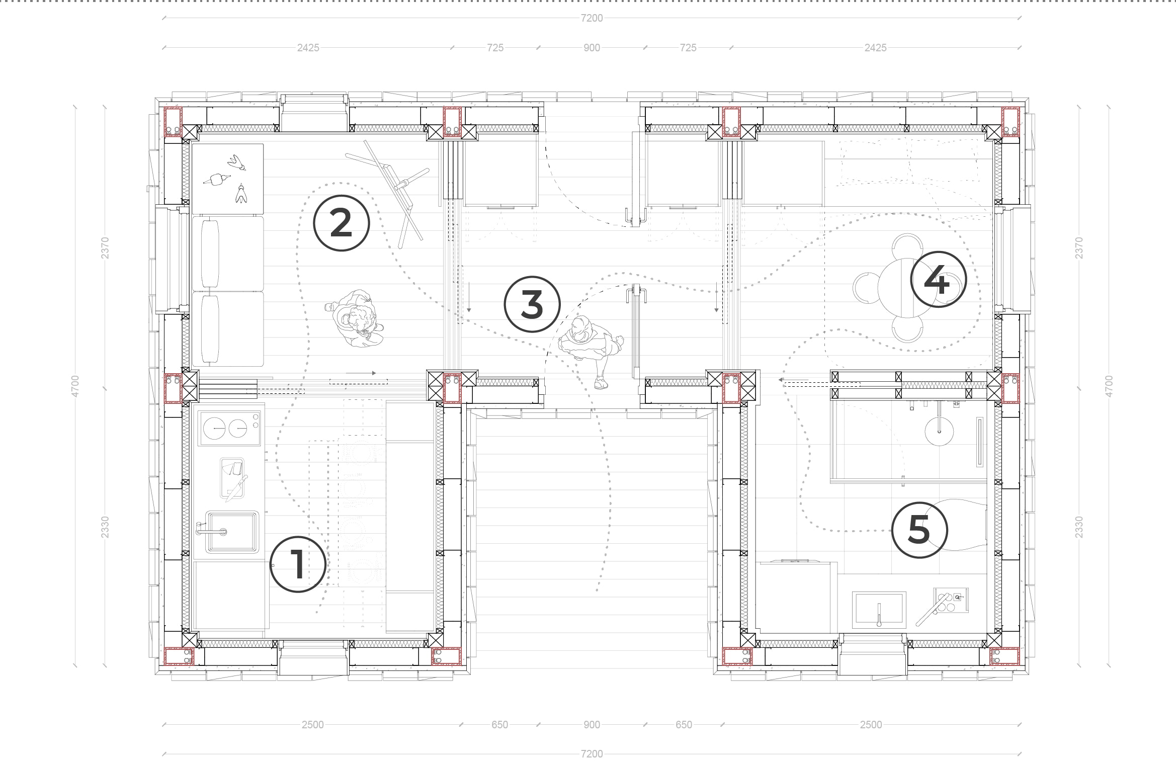 Dimensioned plan of a 7.2 by 4.7 metre home of two timber modules either side of a central entrance, with the living room and kitchen on one side and the dining area and bathroom on the other, numbered 1 to 5.