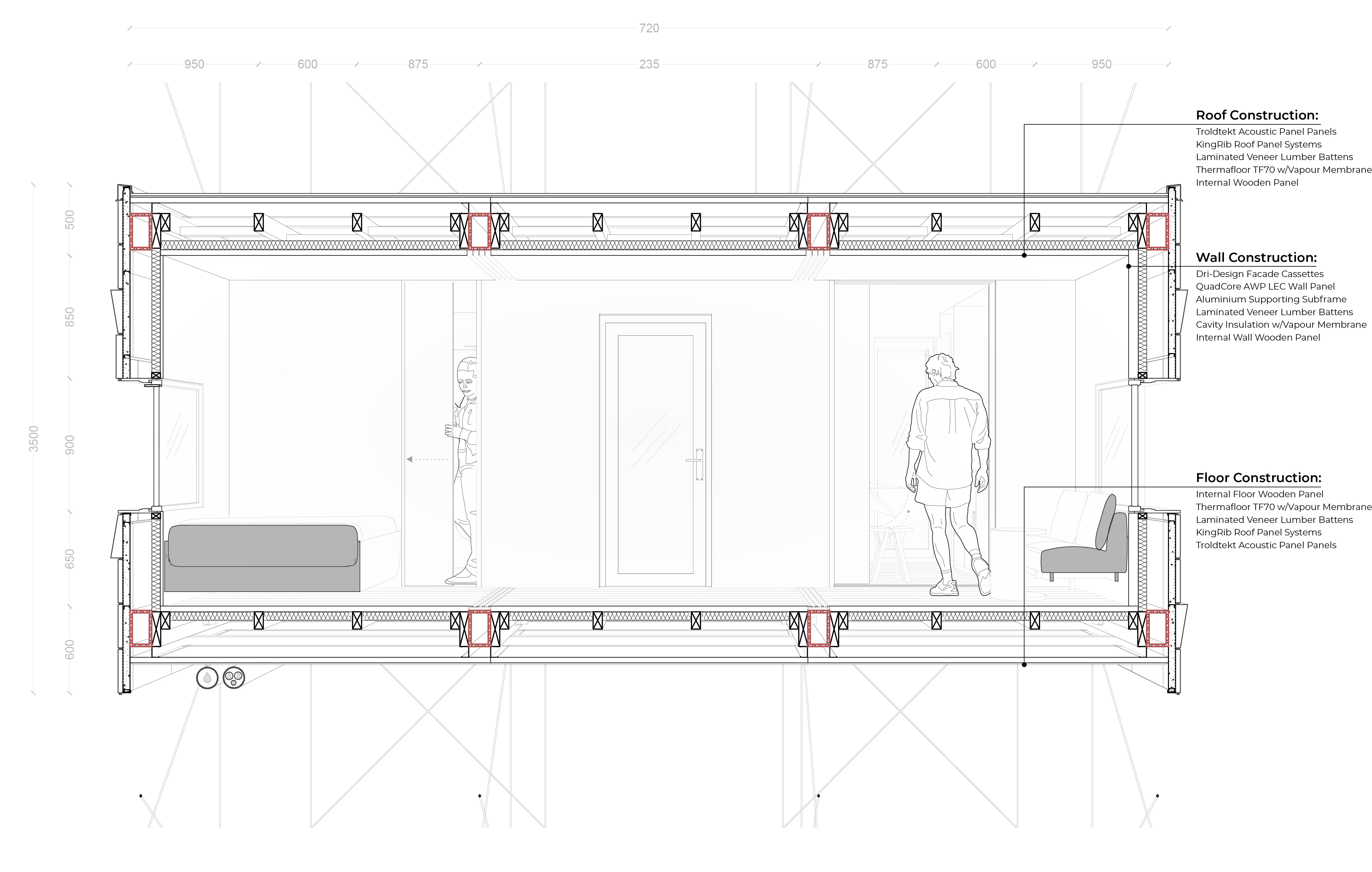 Dimensioned section through the timber module with people inside, annotated with the roof, wall and floor build-ups, from acoustic panels and roof panel systems to façade cassettes and insulated wall panels.