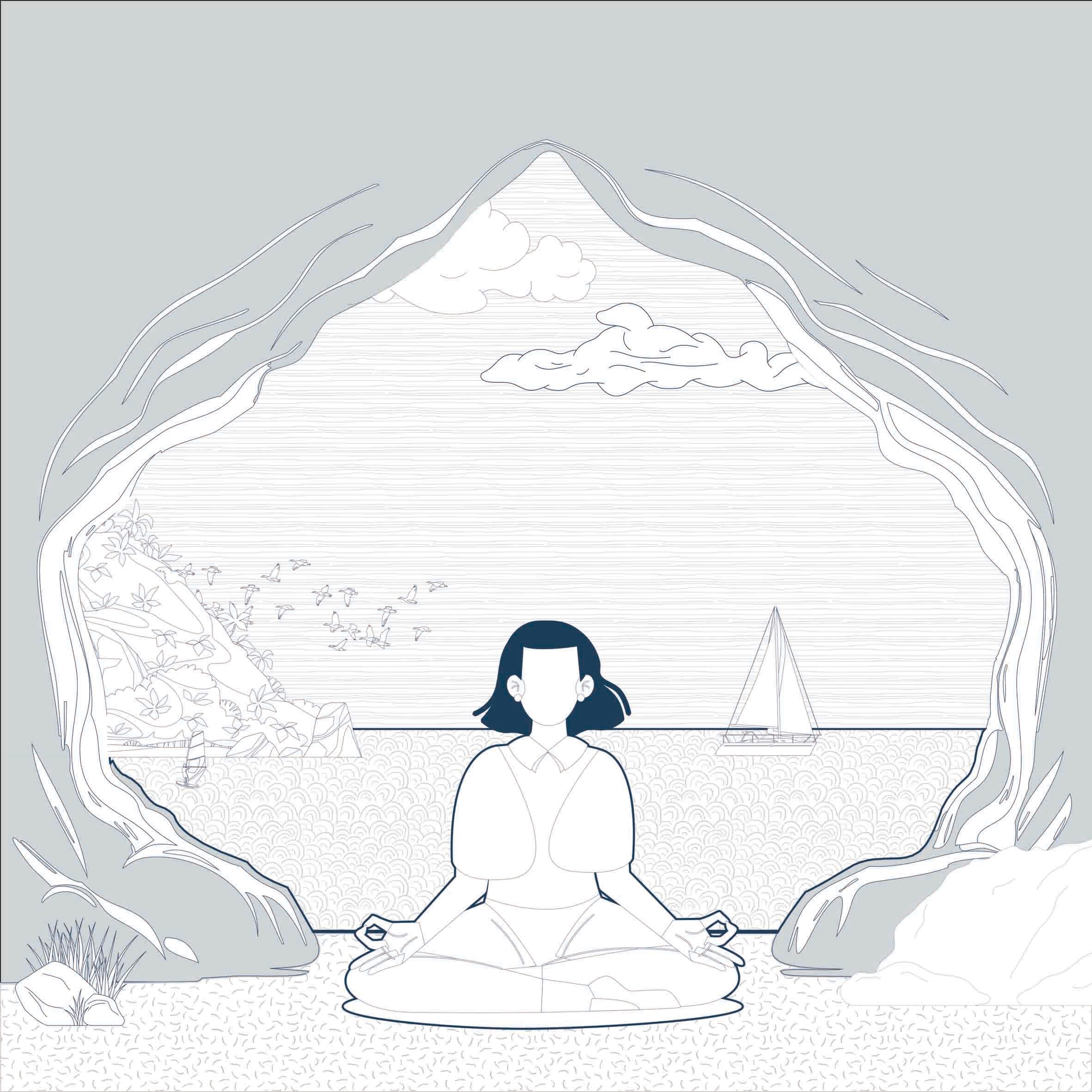 Line drawing of a woman meditating cross-legged at the mouth of a sea cave, looking out to a sailing boat, a windsurfer, birds and a green headland.