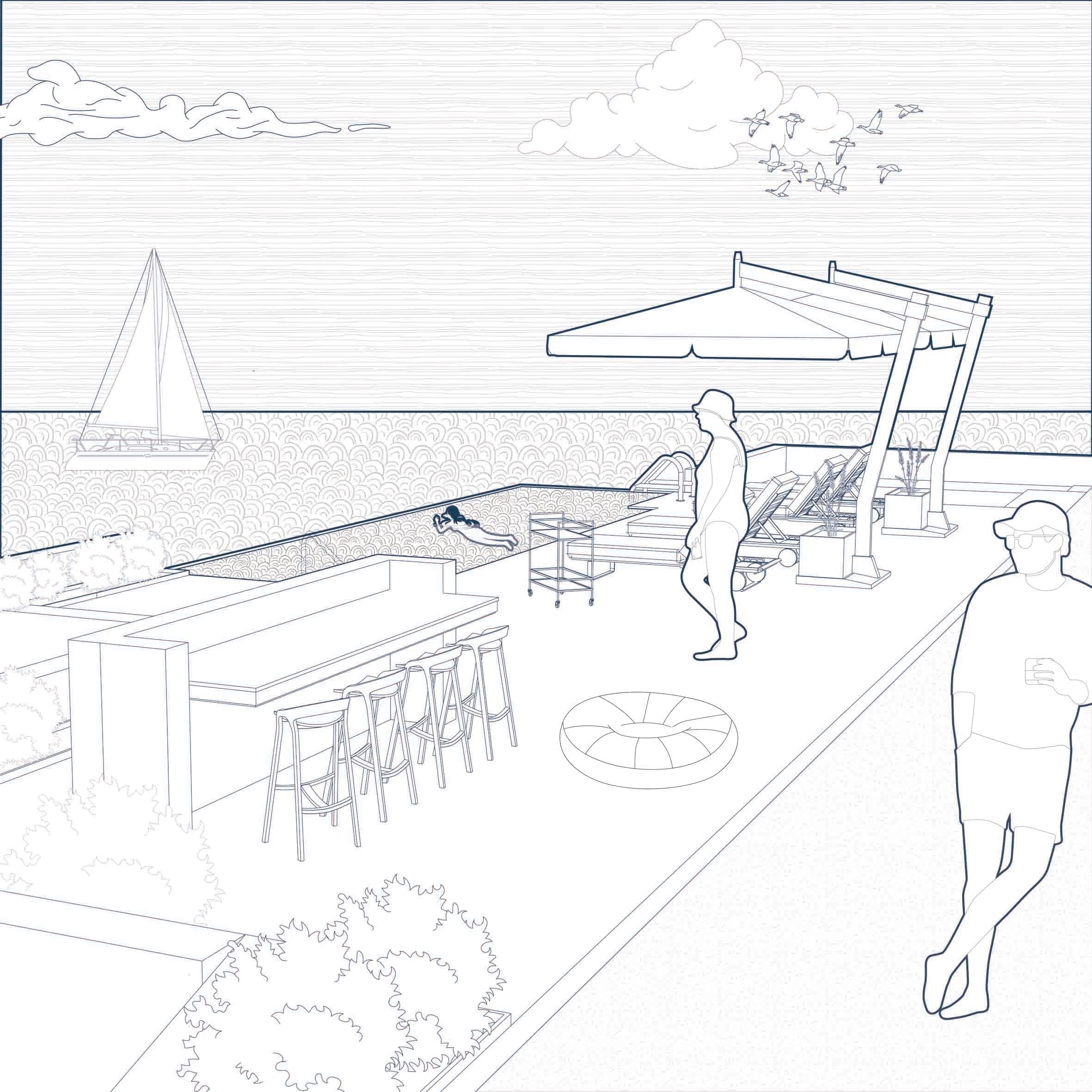 Line drawing of the pool terrace by the sea, with a bar and stools, a swimmer in the pool, sun loungers under a large parasol, a sailing boat and people walking with drinks.