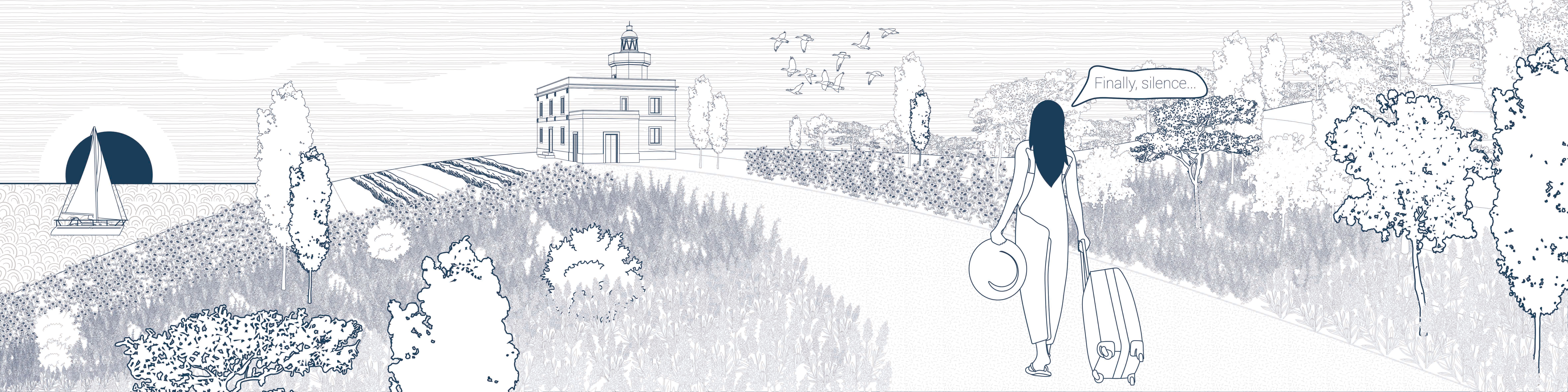 Line drawing of a woman with a hat and suitcase walking up a path through flowering fields towards the white lighthouse, saying "Finally, silence…", with a sailing boat at sunset on the left.