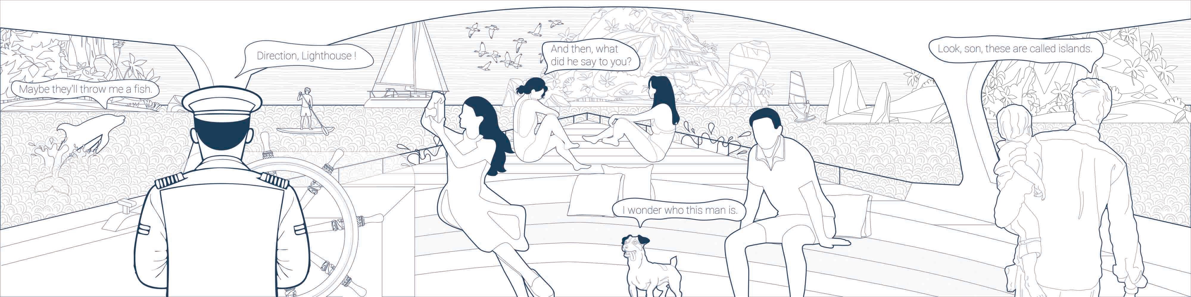 Line drawing of passengers on a boat deck approaching the islands, with the captain at the wheel saying "Direction, Lighthouse!", a dolphin, a paddle boarder, a sailing boat and a family looking at the islands.