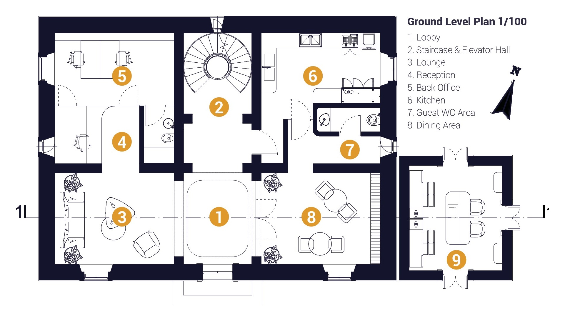 Ground level plan at 1/100 with numbered rooms, the lobby, spiral staircase and elevator hall, lounge, reception, back office, kitchen, guest WC, dining area and a separate pavilion.