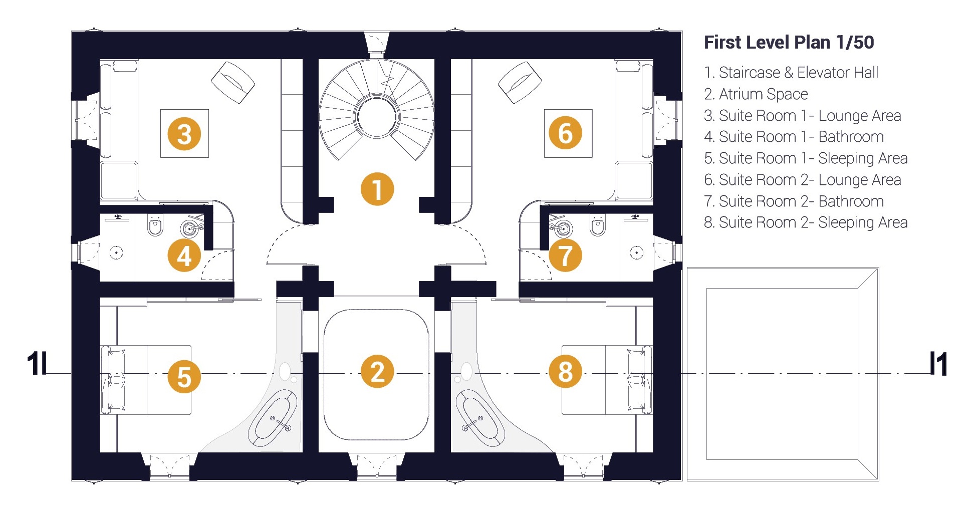 First level plan at 1/50 with the staircase and elevator hall, the atrium and two identical suites, each with a lounge area, bathroom and sleeping area.