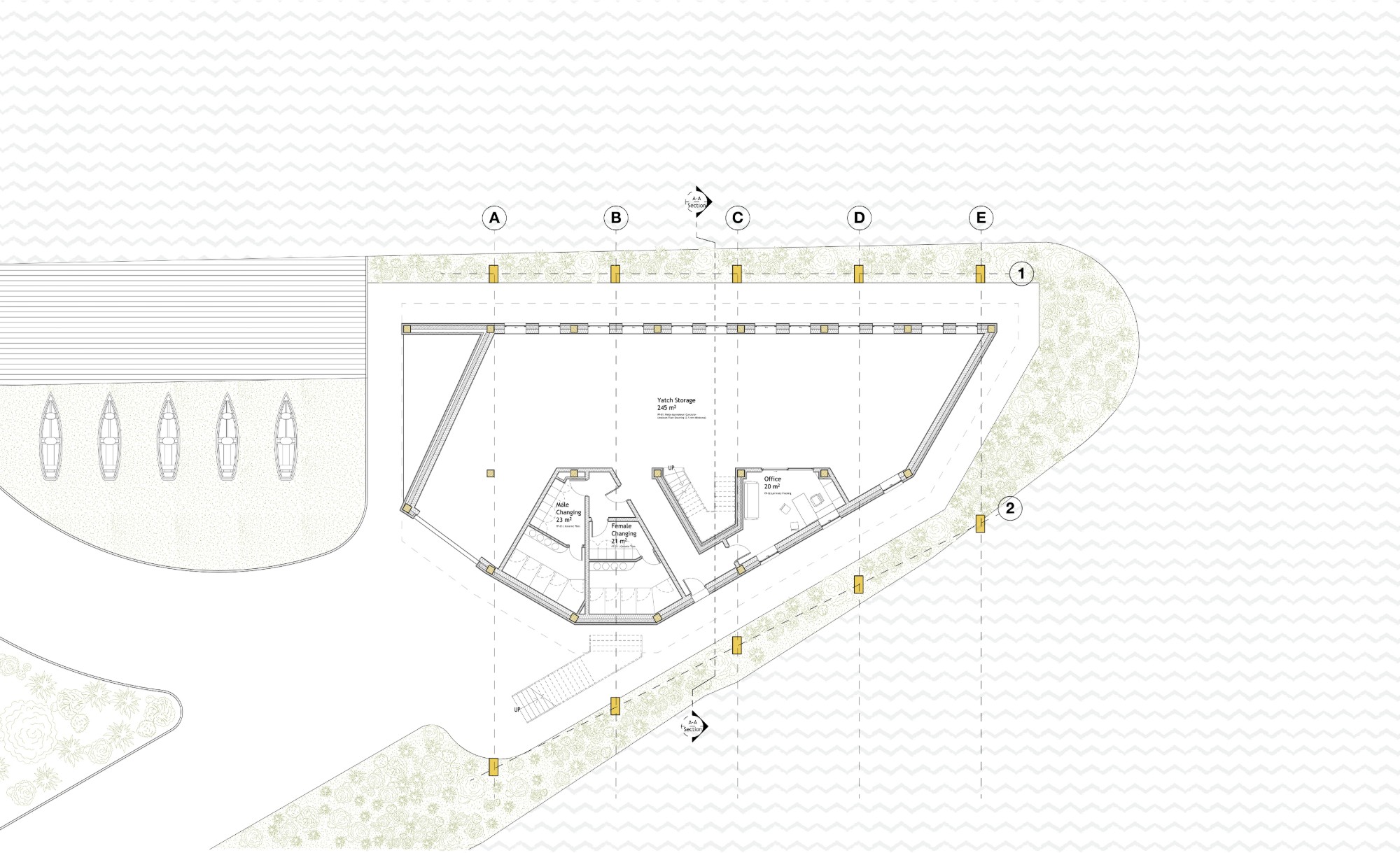 Yacht club ground floor plan with a 245 square metre yacht storage hall, male and female changing rooms, an office and boats moored alongside.