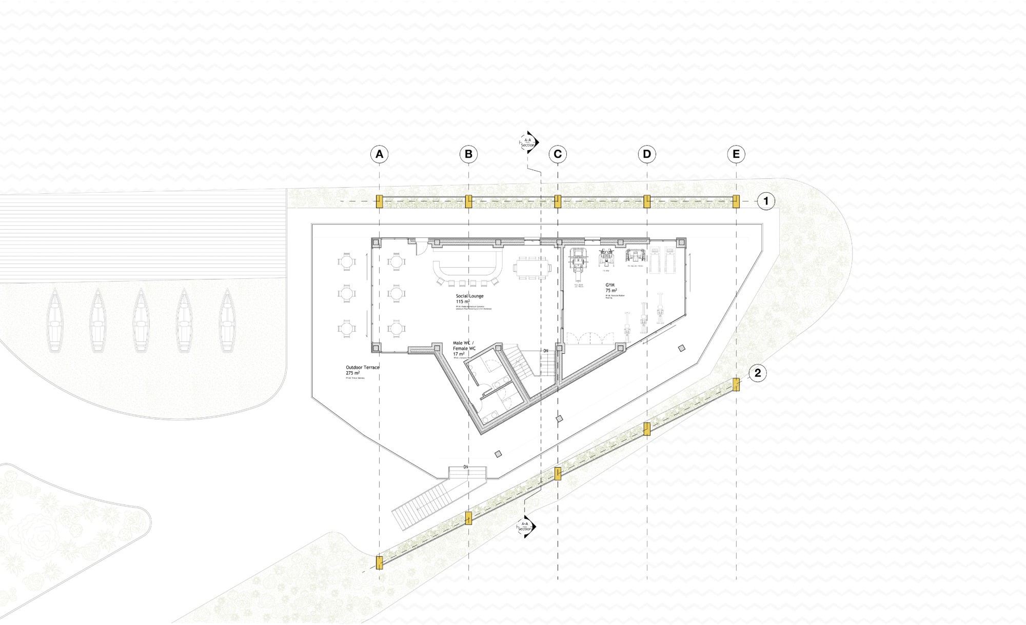 Yacht club first floor plan with a social lounge, gym, WCs and a 275 square metre outdoor terrace.