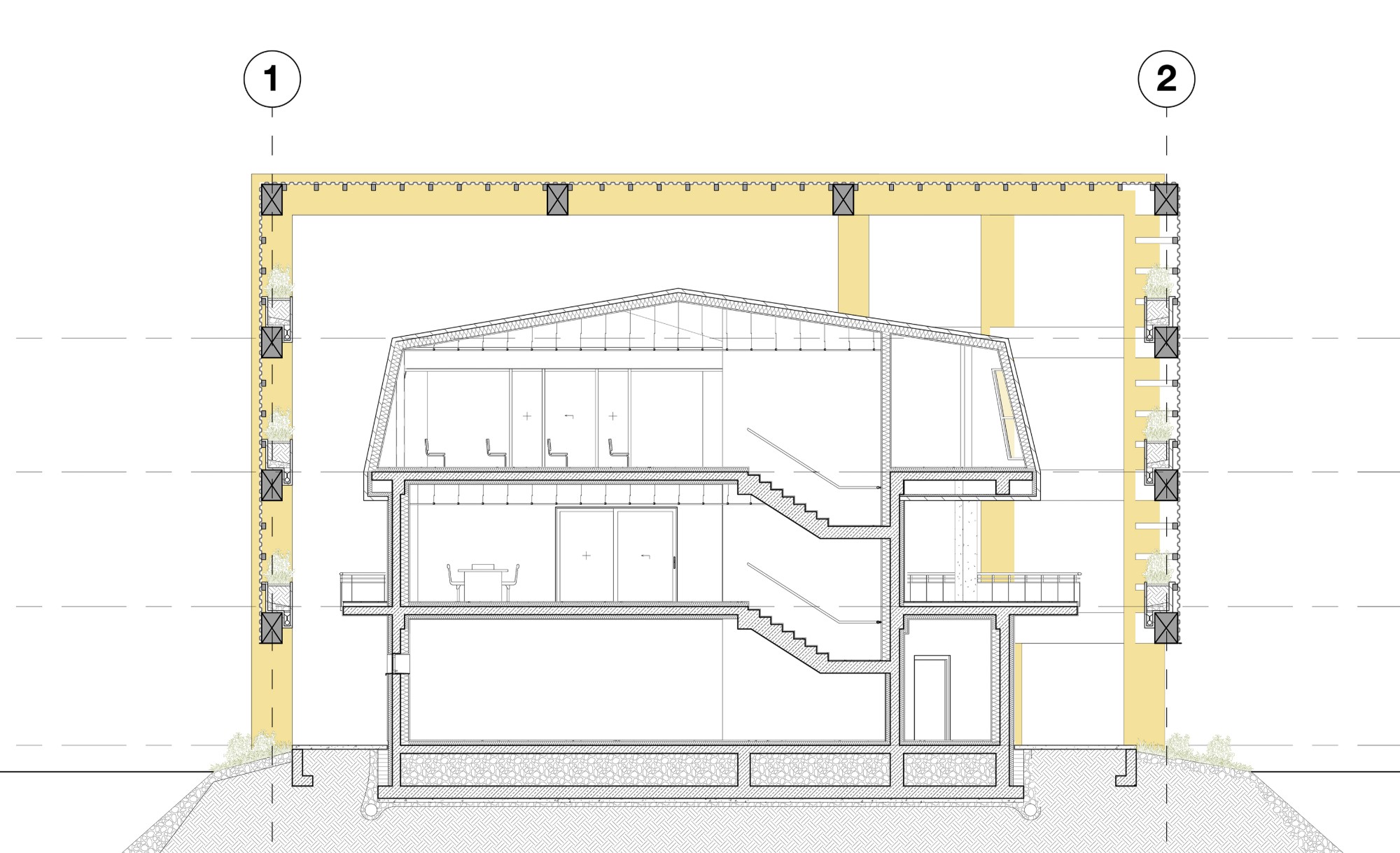 Section through the yacht club showing the existing building inside the new Shell frame with planted balconies.