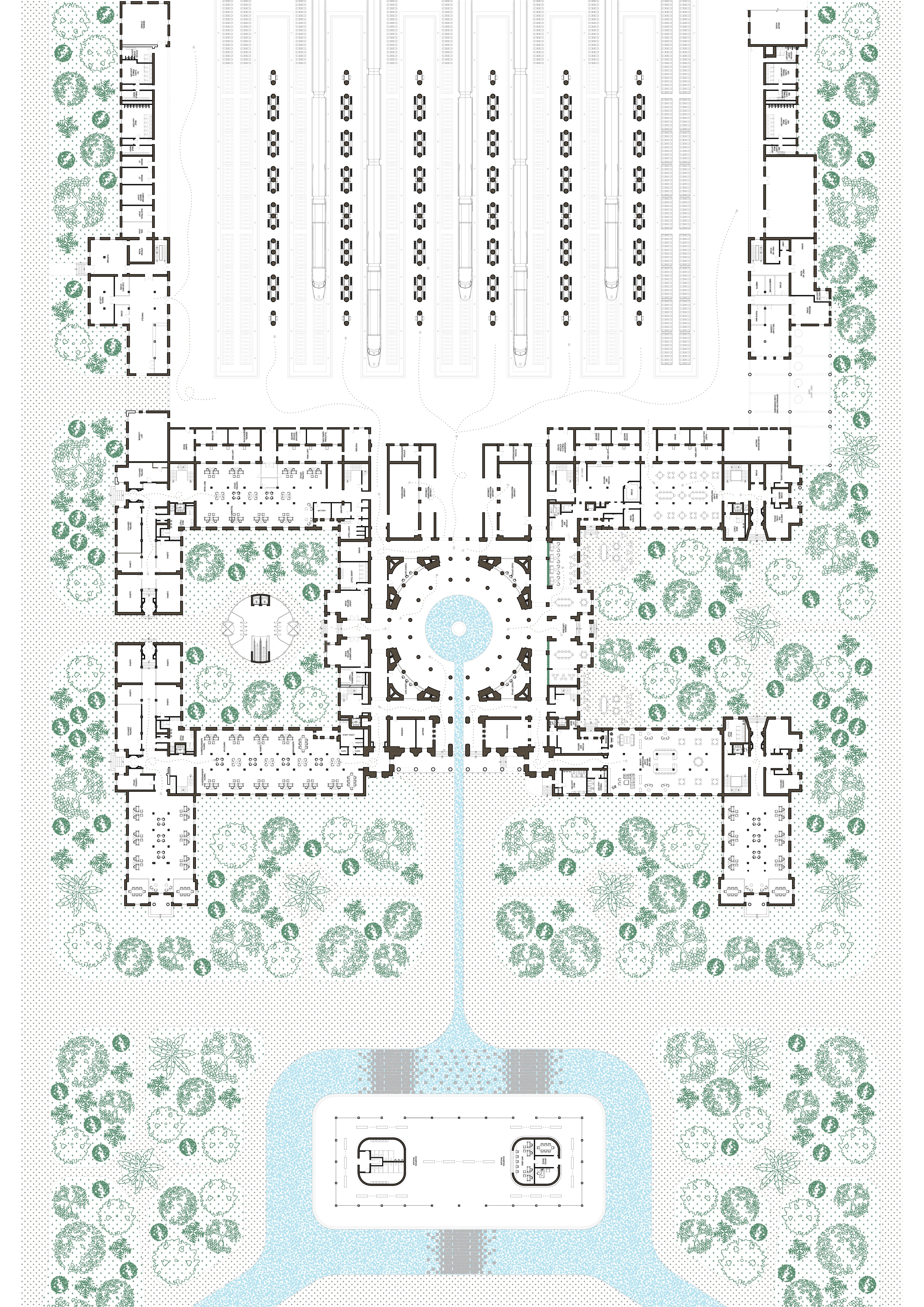 Ground floor plan of Baghdad Train Station with the platforms above, the open-plan station halls, a water channel running from the exhibition pavilion in its pool into a round basin under the central dome, and planted courtyards around.